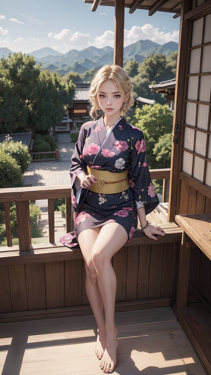 ((最high quality, 8K, masterpiece: 1.3, Ultra HD, high quality, 最high quality, High resolution, realism)) 、22 year old beautiful white woman、Hair color blonde、blue eyeedium hair、straight hair、smile、Slender but well-proportioned muscular body、Athlete-like body type、I don't want my head to disappear from the screen.、Wearing accessories on your wrist、Wearing red nail polish、I have a peticure、Sitting on the veranda of a Japanese house in the Japanese countryside、It's summer、A wind chime is hung in front of the eaves.、barefoot、Fanning oneself、A courtyard spreads out in front of the verandah.、wear a yukata