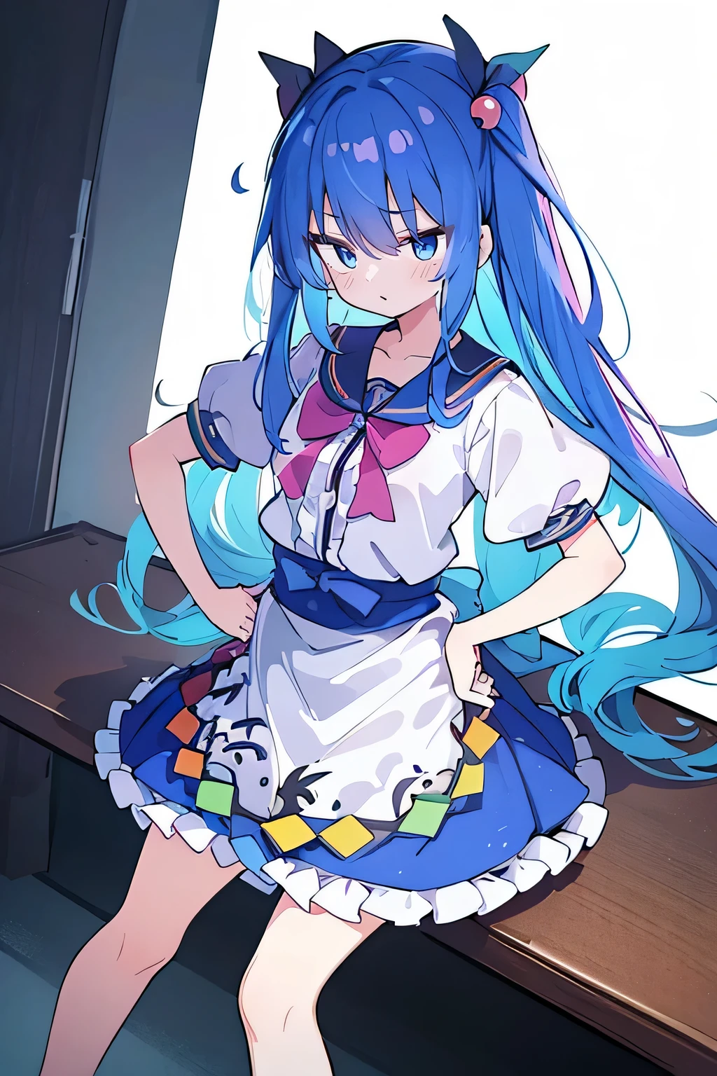 (masterpiece),best quality, expressive eyes, perfect face, 1girl,
 Put your hands on your waist,fair, Gorgeous,Japanese cartoons,girl,lola,Hina Angel, blue hair, blue haired, floating clothes,Grab your waist, Grab your waist, hands on hips , hands on hips,sit, sit on ground, Legs on the ground, flat chest