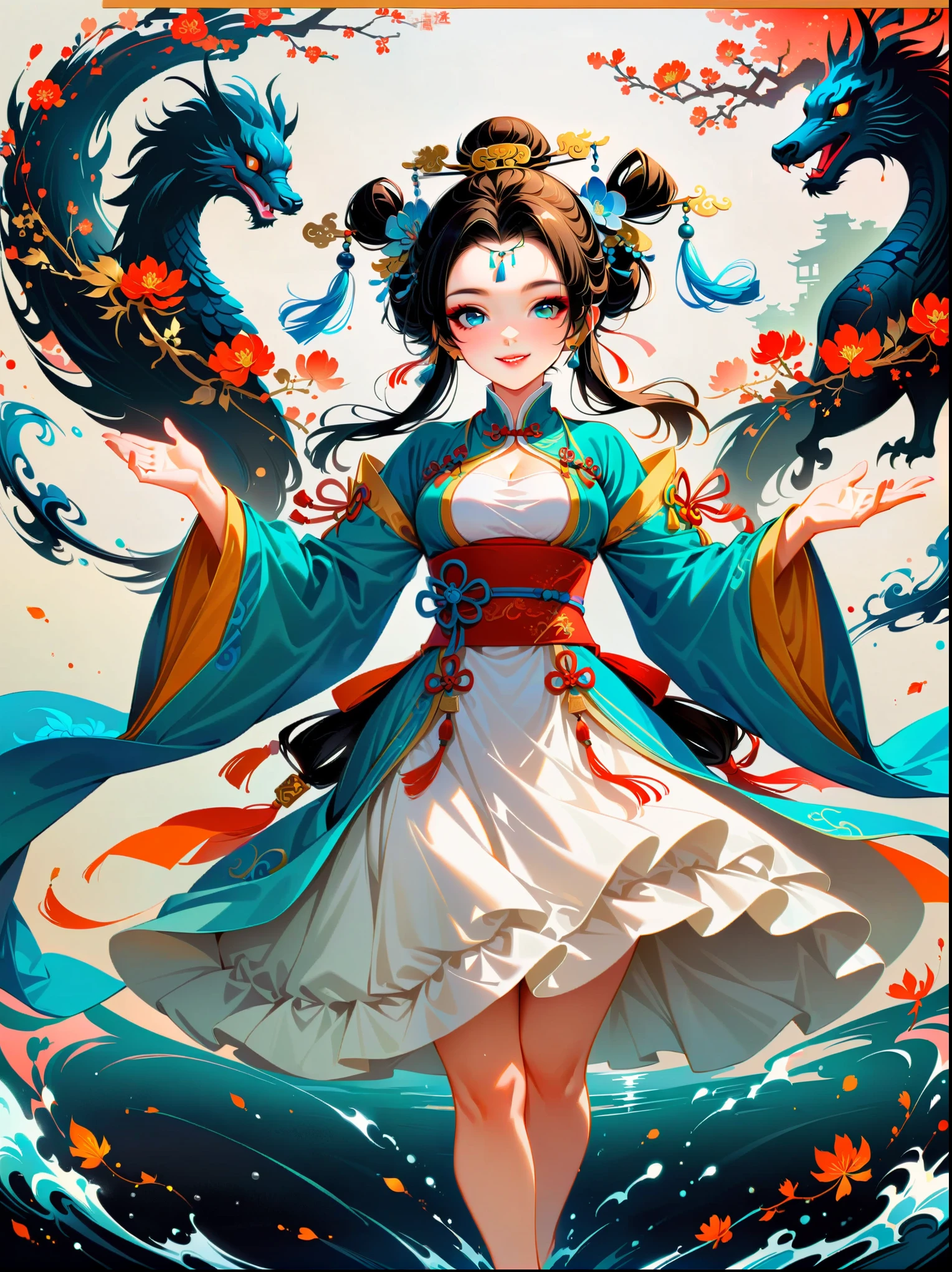 ((close shot))，Works of Chinese style ink masters，Princess of China，Yang Guifei，Tang Dynasty Hanfu，Skirt，Chinese garden，dance，Smile，Brilliant colors，Star-sparkled，gorgeous，Huafu，The ribbon flutters，Exquisite makeup，(white simple background)，(first-person view, masterpiece, ccurate, anatomically correct, high details, best quality, 8k)