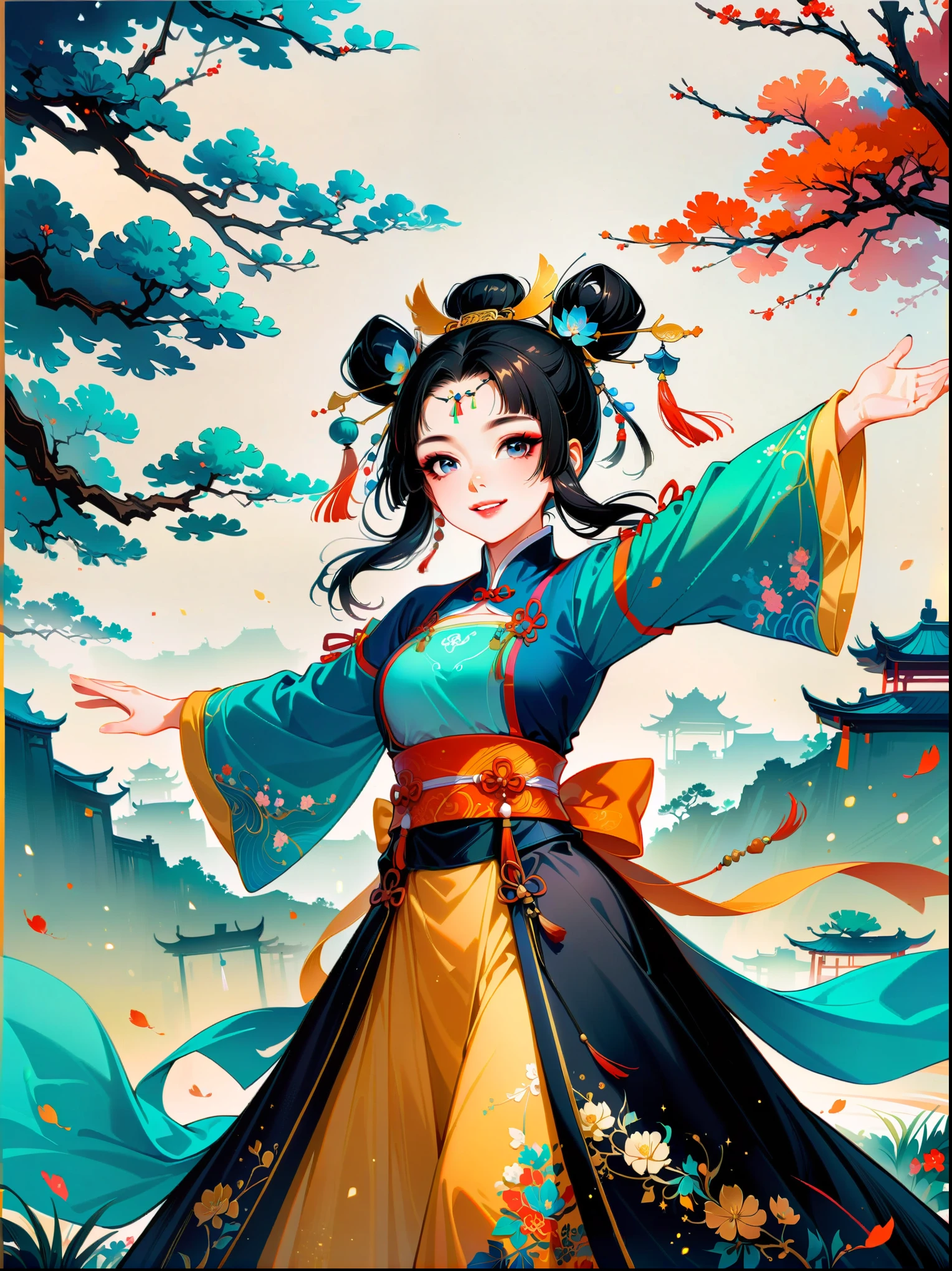 ((close shot)),Works of Chinese style ink masters,Princess of China,Yang Guifei,Tang Dynasty Hanfu,Skirt,Chinese garden,dance,Smile,Brilliant colors,Star-sparkled,gorgeous,Huafu,The ribbon flutters,Exquisite makeup,(white simple background),(first-person view, masterpiece, ccurate, anatomically correct, high details, best quality, 8k)
