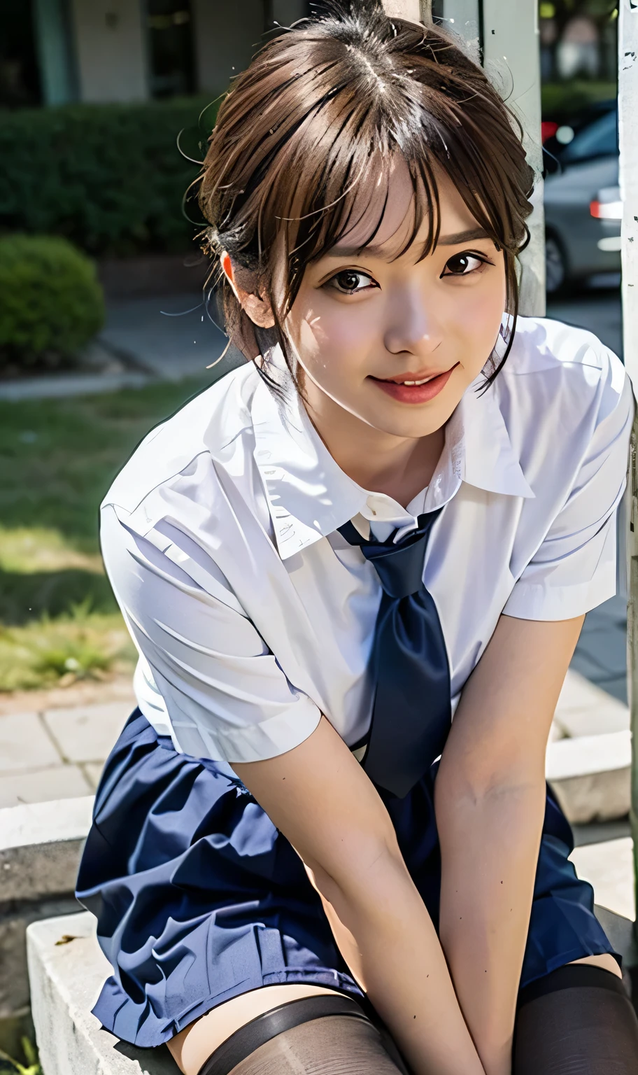 Ulchan-6500-v1.1, (Raw photo:1.2), (photot-REALISTIC,:1.4), ((Take a photo with a camera from above、look up、stare at the camera、look from above with a camera、Take a photo from above))beautiful detailed girl, very detailed目と顔, detailed and beautiful eyes, ridiculous, Incredibly Ridiculous, huge file size, Super detailed, High resolution, very detailed, best quality, master piece、, kemomimi, ((Japanese girls' high school uniform)), An illustration, very detailed, That's it, Unite, 8k wallpaper, wonderful, small details, master piece、, best quality, very detailedなThat's itユニフォーム8k wallpaper, light shines on your face、movie lighting、18 year old girl、((no panties))、((dynamic posing)))、(camel toe)、(half)、(pantyhose、、、、、、、)、(sit with your knees bent and your legs crossed))、short hairの、short hair、long neck、Please show your ears、bangs、Big eyes、eyelash、cute、very cute、big 、Smile