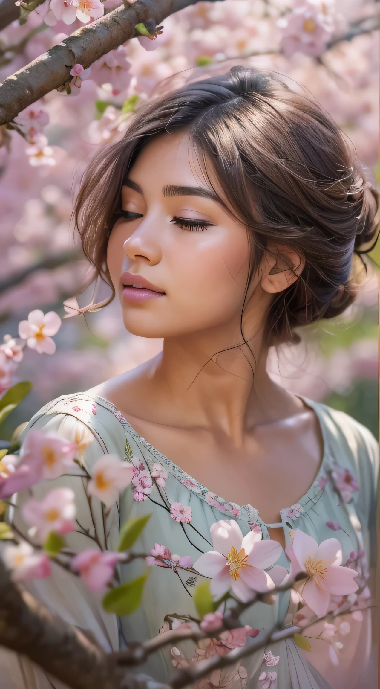 a girl in a garden,sitting under a blooming cherry blossom tree,feeling peaceful and serene,surrounded by vibrant flowers and lush greenery,a gentle breeze rustling her hair and dress,a soft ray of sunlight illuminating her delicate features,creating a picturesque scene,emphasizing her natural beauty,medium:oil painting,with intricate brushstrokes and rich colors,adding depth and texture to the artwork,ultra-detailed,showcasing every fine detail of her face and surroundings,(best quality,4k,8k,highres,masterpiece:1.2),ultra-fine painting,revealing the artist's meticulous technique and attention to detail,professional,with a touch of Impressionism in the use of light and color,vivid colors,enhancing the vibrant atmosphere of the garden,photorealistic,bringing the scene to life with its realistic depiction of nature and human emotion,subtle pastel color palette,infusing a dream-like and ethereal quality to the artwork,soft and warm lighting,adding a sense of tranquility and warmth to the scene,bokeh effect,creating a soft and blurred background that enhances the focus on the girl and the cherry blossom tree.