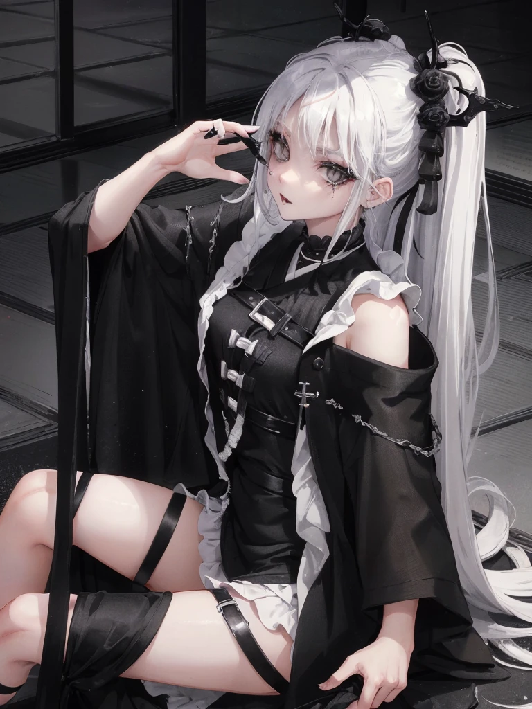 Masterpiece, best quality, high quality, ultra detailed, 1girl, looking at viewer, white hair, gray eyes, black lipstick, black shirt, sitting on a white floor, demon girl, gothcore, 1 7 - year - old, goth girl, japanese gothic, gothic punk style, black metal style, hands on head
