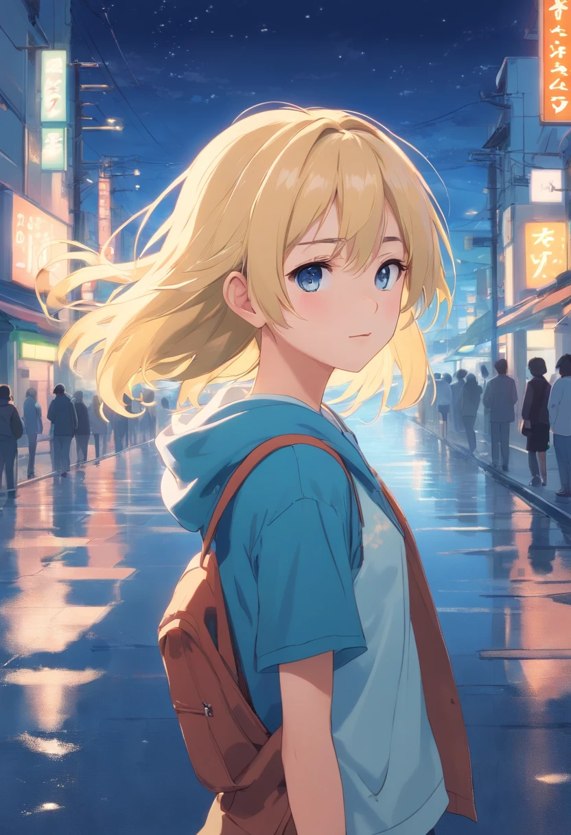 17 year old blonde woman, ojos azules, el pelo corto le cubre una parte de la cara delgada envuelta por una luz celestial, Her eyes are white and she floats on the street that is wet  