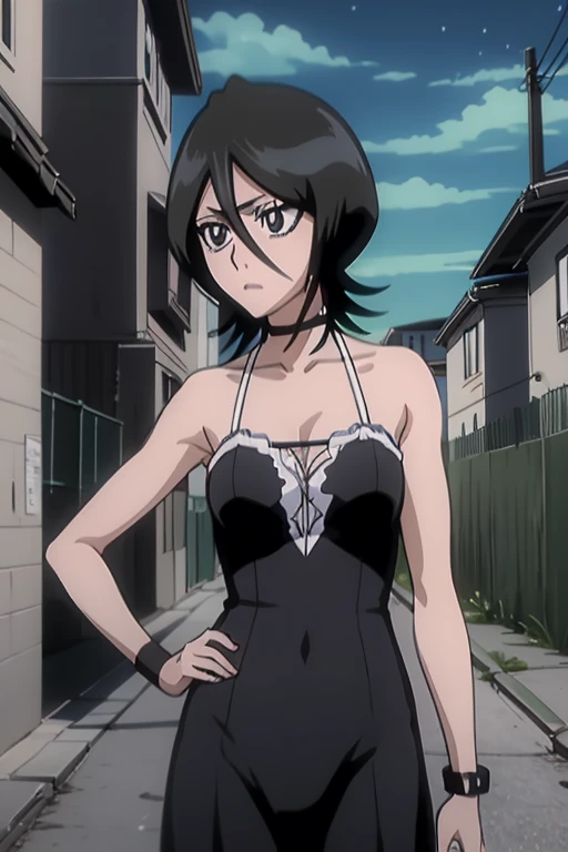 kuchiki rukia, goth lingerage, in an alley before a nightclub, nighttime, 