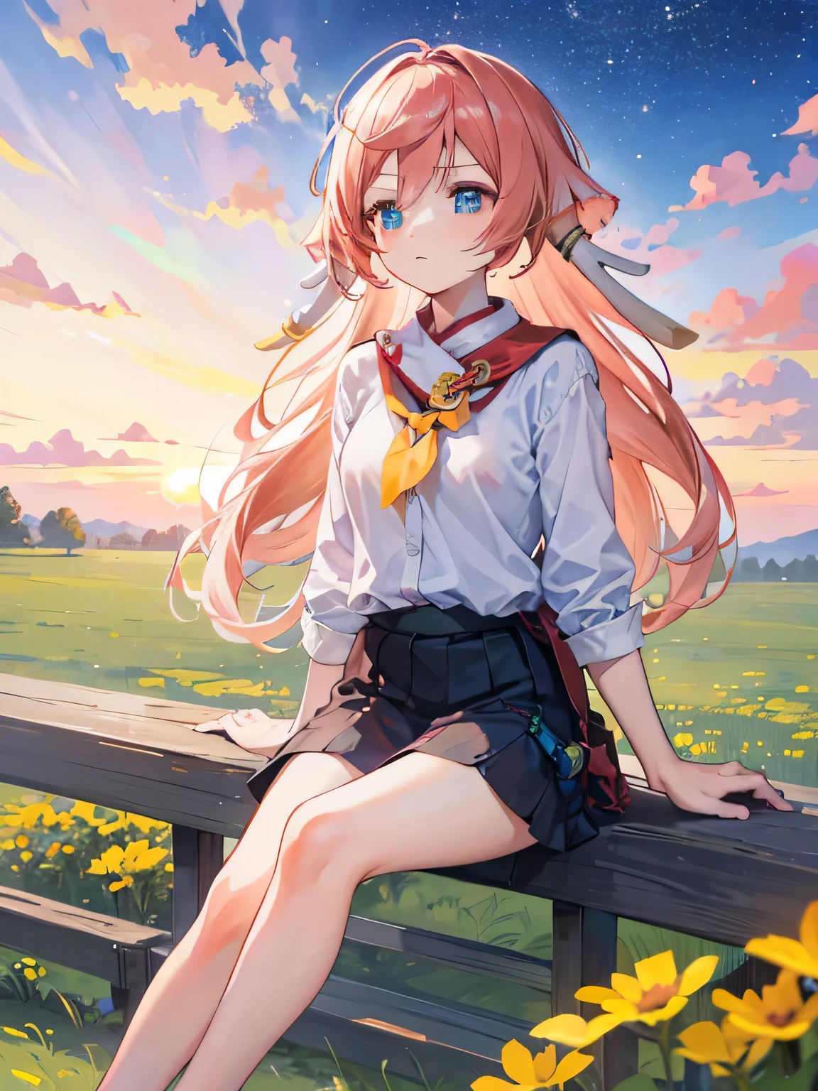 1 girl sitting on the playground,Long hair is blown by the breeze,sunset,starry sky,grassland,flowers,best work,accurate finger