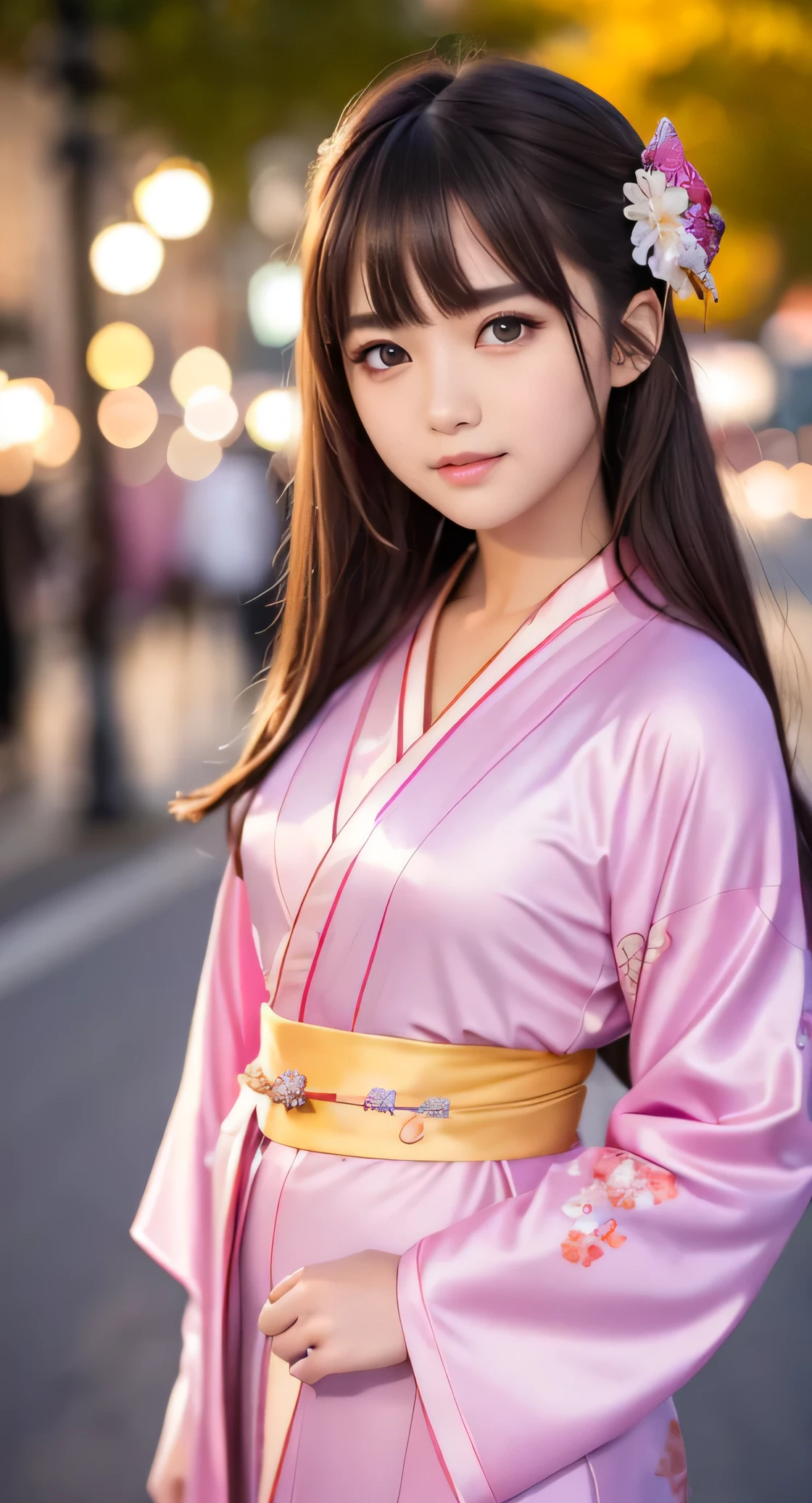 Angelic very beautiful cute young girl,
Beautiful detailed eyes, (14 yo:1.3),
Detailed double eyelids,
(Soft Saturation: 1.3),
(Fair skin: 1.3),v-line jaw,
(Large eyes:1.4),
Long straight brown hair,
see-through bangs,
Sharp Focus,
beautiful detailed face and eyes,
drooping eyes,
small straight nose,
small mouth,
happy smiling with visible teeth, 85mm lens, F/8.0,BREAK (Super gorgeous flashy colored long sleeves kimono:1.5), (beautiful classical pattern furisode:1.3) , Walking,Brown hair ,(Costumes with strong reflective surfaces:1.3),
(Best Quality:1.2),
Raw photo,
High resolution,
perfect detail,
Professional Photography,
Professional Lighting,
Powerful lighting of the costume,In the street