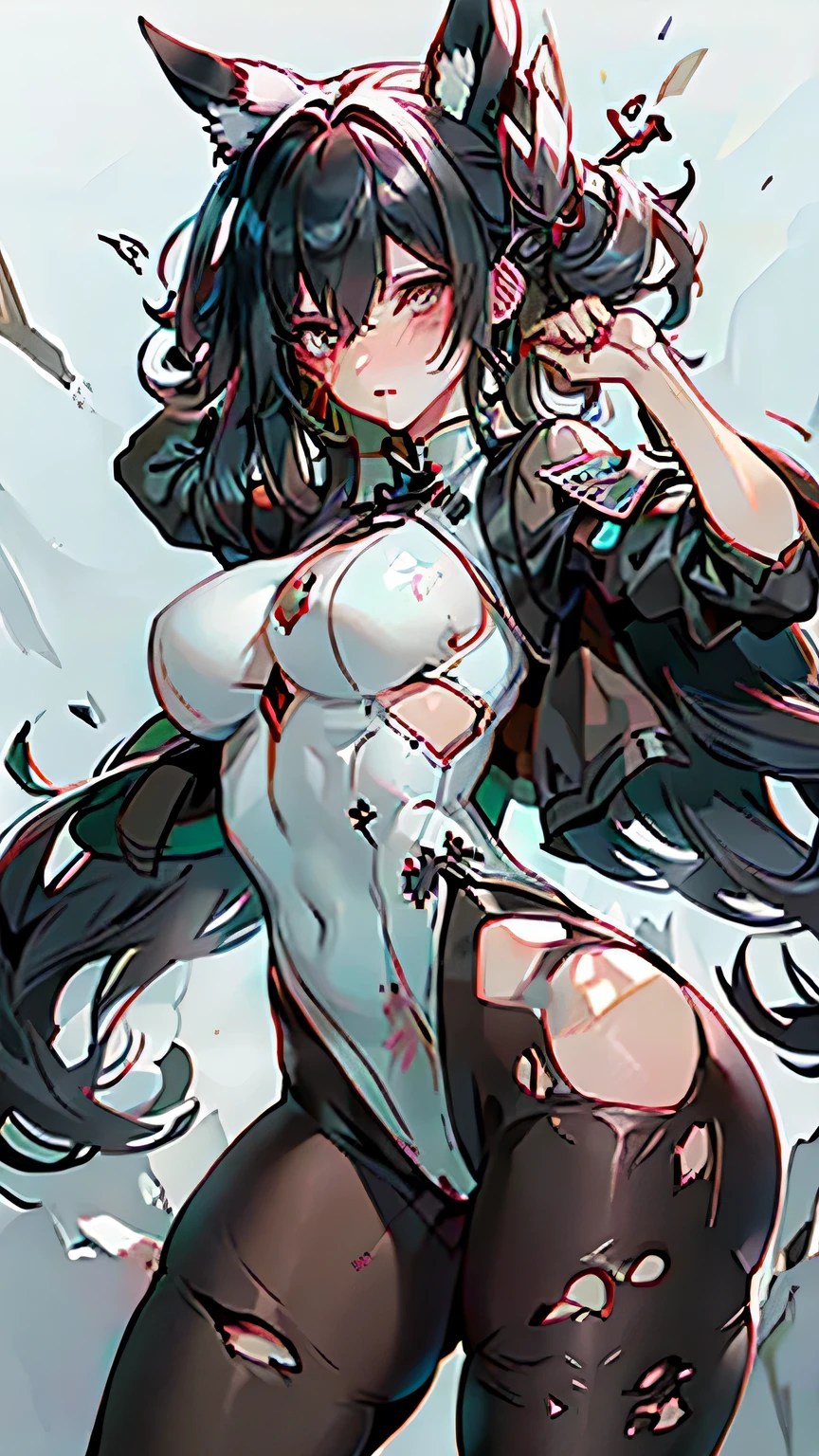 Broken black pantyhose,Torn white cheongsam,Broken one piece black,Battle damage,seriously injured,holes in clothes,damaged clothes,huge breasts,blush,Gasping lightly