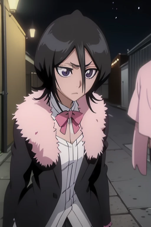 kuchiki rukia, black and pink goth lingerage, in an alley before a nightclub, nighttime,