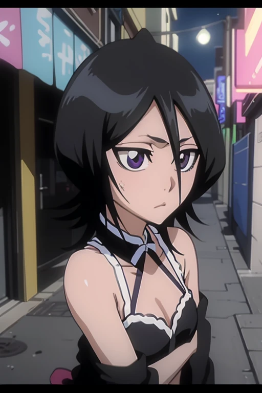 kuchiki rukia, black and pink goth lingerage, in an alley before a nightclub, nighttime, 