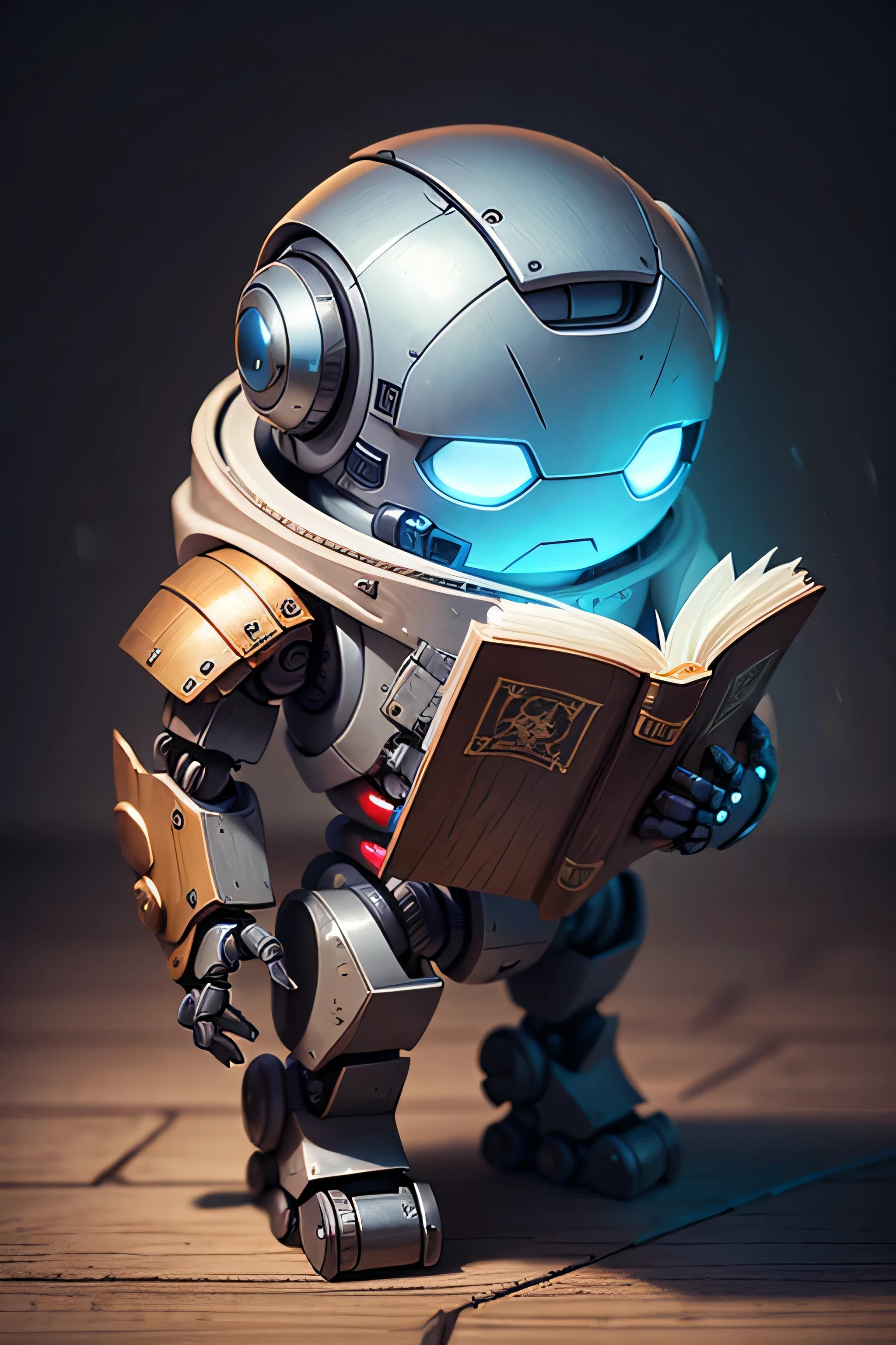 Create a realistic humanoid robot holding a book