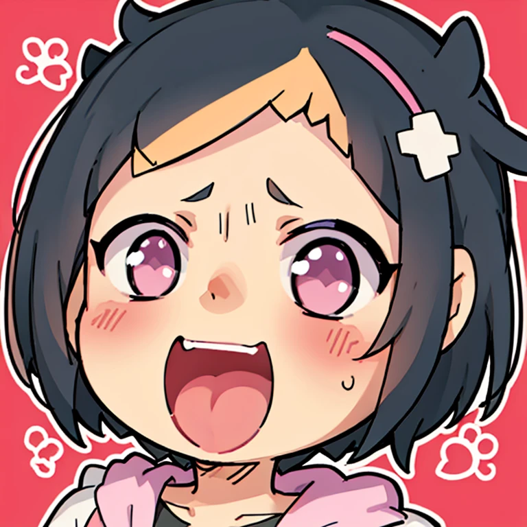 One person, black hair, Bangs, short hair, pink clip hair, happy face, Cute clothes