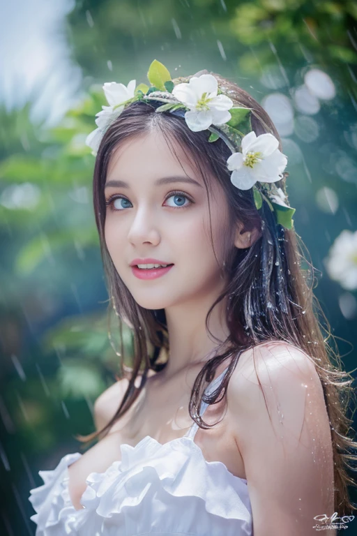 best quality,masterpiece,ultra high res,(photo realistic:1.4),1 girl,medium breasts,big blue eyes,silver hair,white dress with a lot of frill,cute,young,posing,very long hair,flower,headband,looking at viewers,rain, wet, professional lighting, physically-based rendering, 