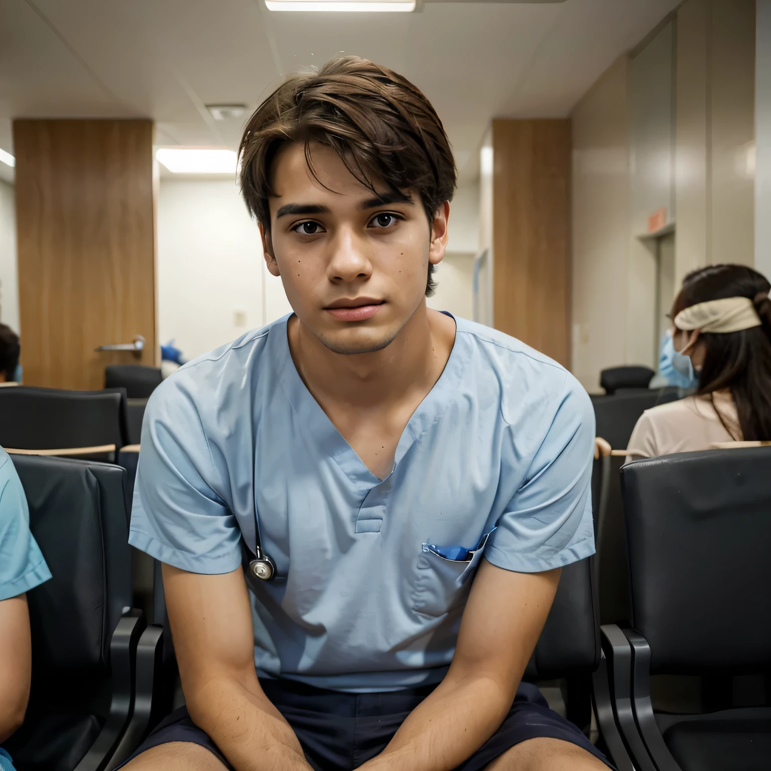 Young man sitting in the waiting room of a hospital with a worried expression on his face