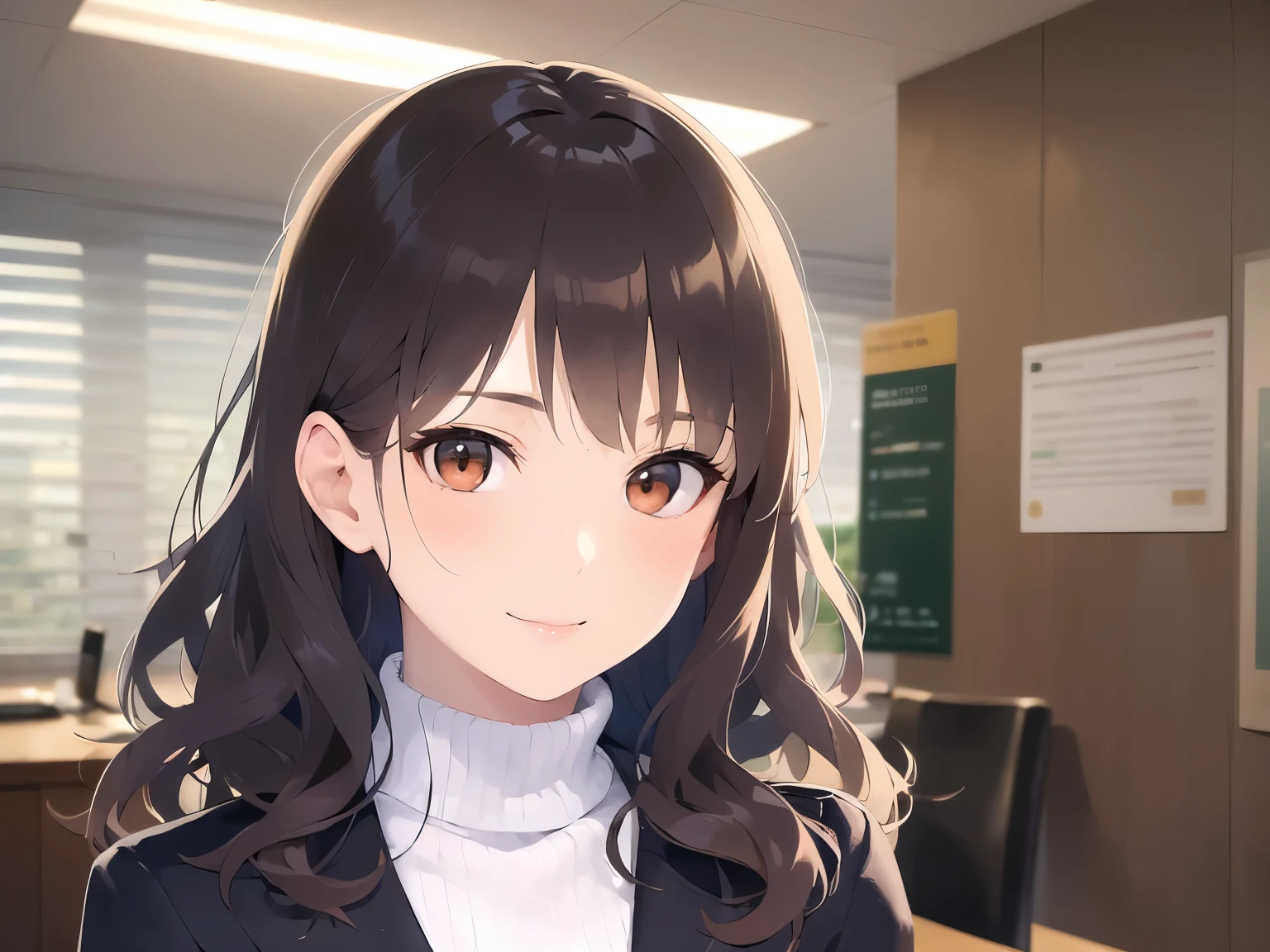 (own hands together:1.2), head tilt、Biologically correct five fingers、Upper Body, Realistic, real person, (pale skin: 1.2), RAW photo, photorealistic, portrait photography, shiny skin, japanese idol、shiny hair、(25 year old woman with medium hair with bangs) and (wavy hair) and (brown hair) and (orange eyes) , (business suit:1.5) and (White turtleneck top) 、smile, The background is the office front desk.、Alone、Are standing