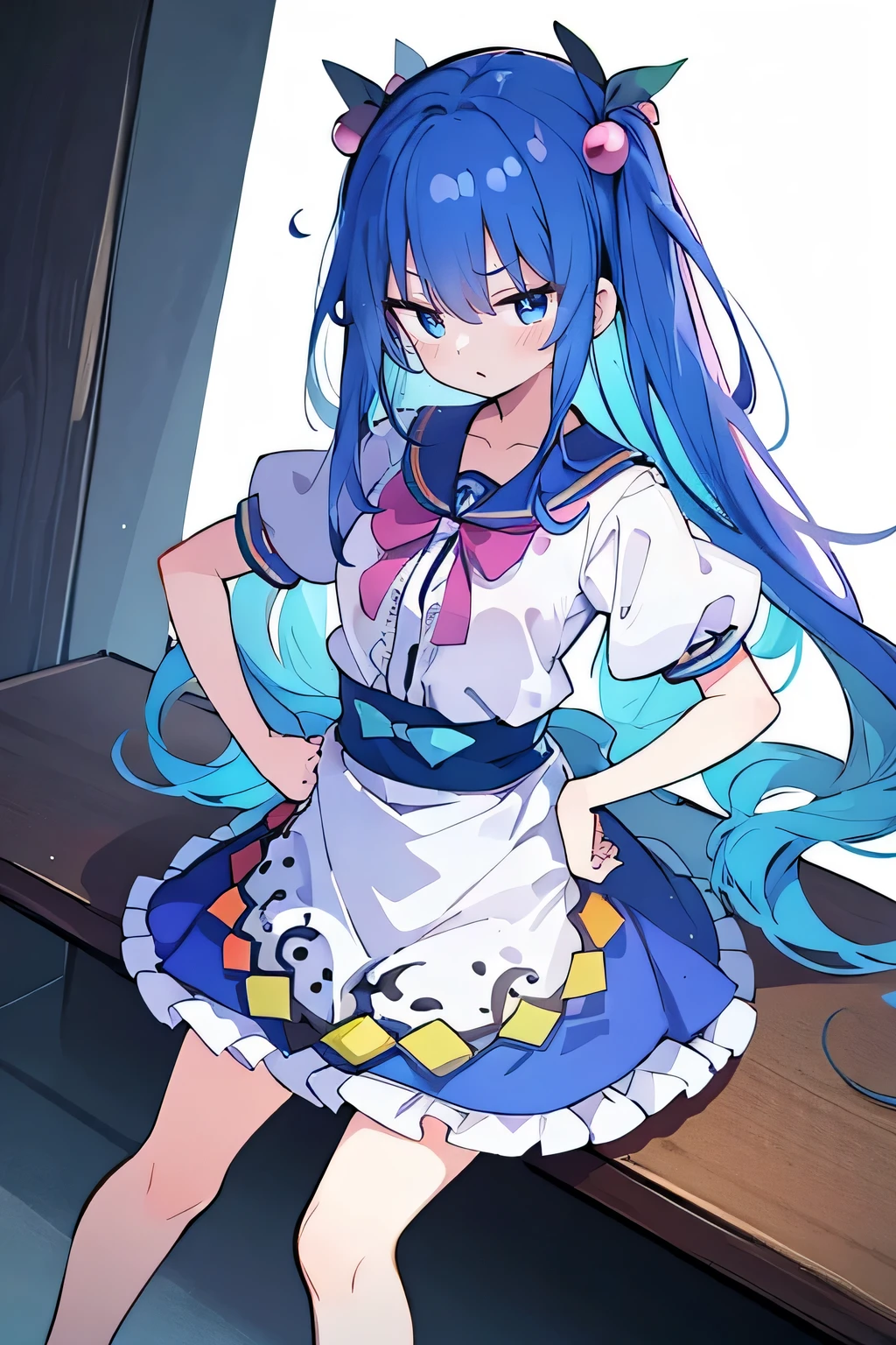 (masterpiece),best quality, expressive eyes, perfect face, 1girl,
Put your hands on your waist,fair, Gorgeous,Japanese cartoons,girl,lola,Hina Angel, blue hair, blue haired, floating clothes,Grab your waist, Grab your waist, hands on hips , hands on hips,sit, sit on ground, Legs on the ground, flat chest