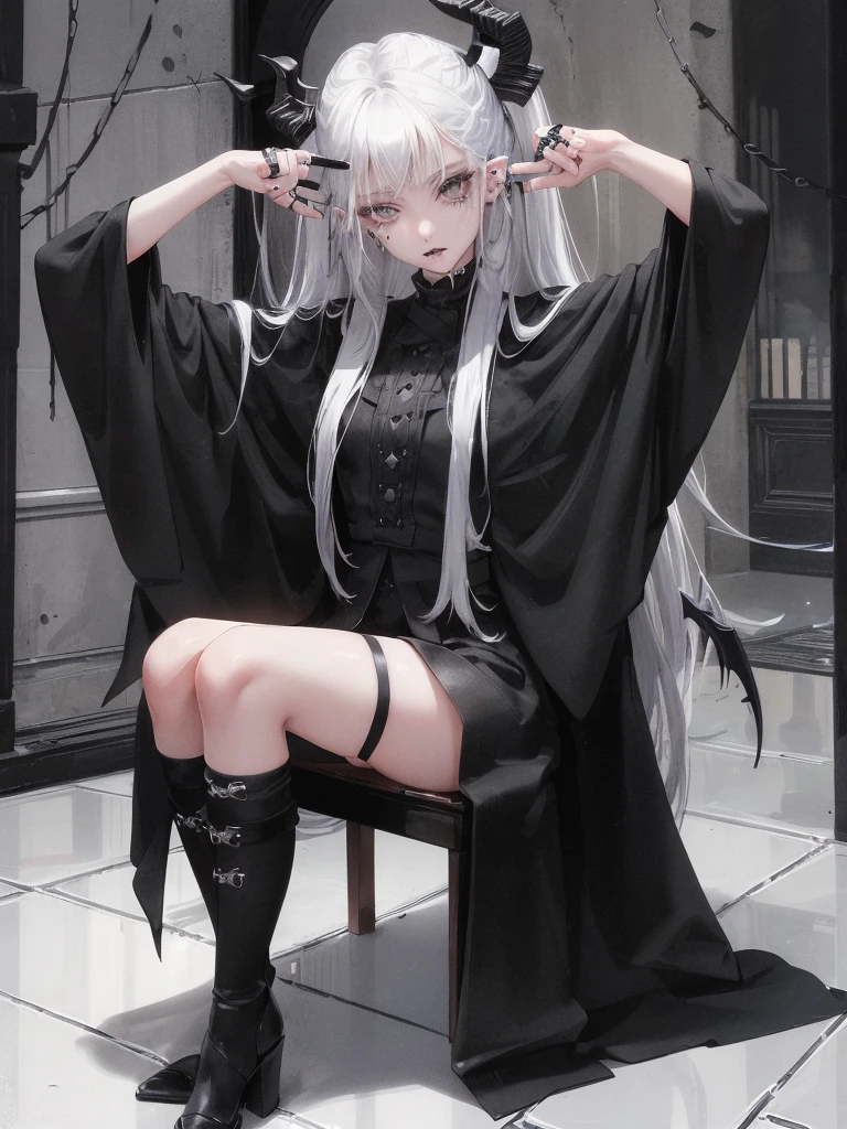 Masterpiece, best quality, high quality, ultra detailed, 1girl, looking at viewer, white hair, gray eyes, black lipstick, black shirt, sitting on a white floor, demon girl, gothcore, 1 7 - year - old, goth girl, japanese gothic, gothic punk style, black metal style, hands on head