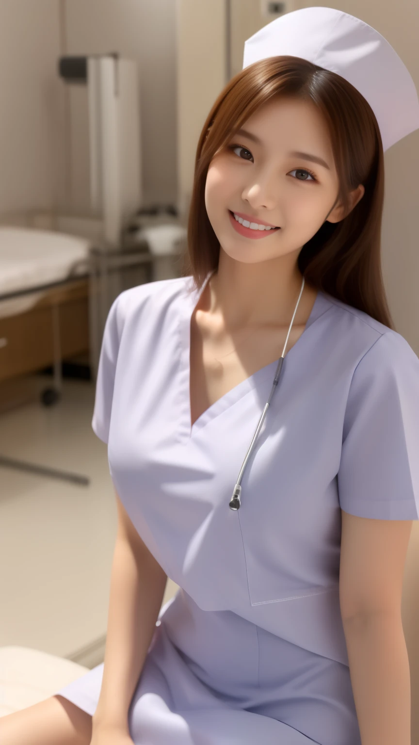 ulzzang-6500-v1.1,(masterpiece, highest quality:1.3), (Ultra-detailed 8K:1.2), (hyperrealistic:1.35),(Raw photo:1.2),highest quality, High resolution, wallpaper, realistic, (dramatic, Realistic painting art by Midjourney:1.3) BREAK (1 nurse, 20yo, white nurse uniform、Basic Nurse Cap,short white tight skirt:1.3), super beautiful, beautiful skin, beautiful and detailed eyes, detailed face, Perfect style,Photo seen diagonally from above,Take a photo from above,Look at me with a smile,looking at camera,look at the camera,Treatment room in a hospital room,Take photos from up close to her,big breasts,very detailed face、Put the stethoscope around your neck,double eyelid、White and clean teeth,brown eyes,chest strengthening,emphasize body line,smile at me lovingly、beautiful lips,glossy lips,white teeth, BREAK Detailed background of the hospital room,perfect lighting、Natural light,natural soft light