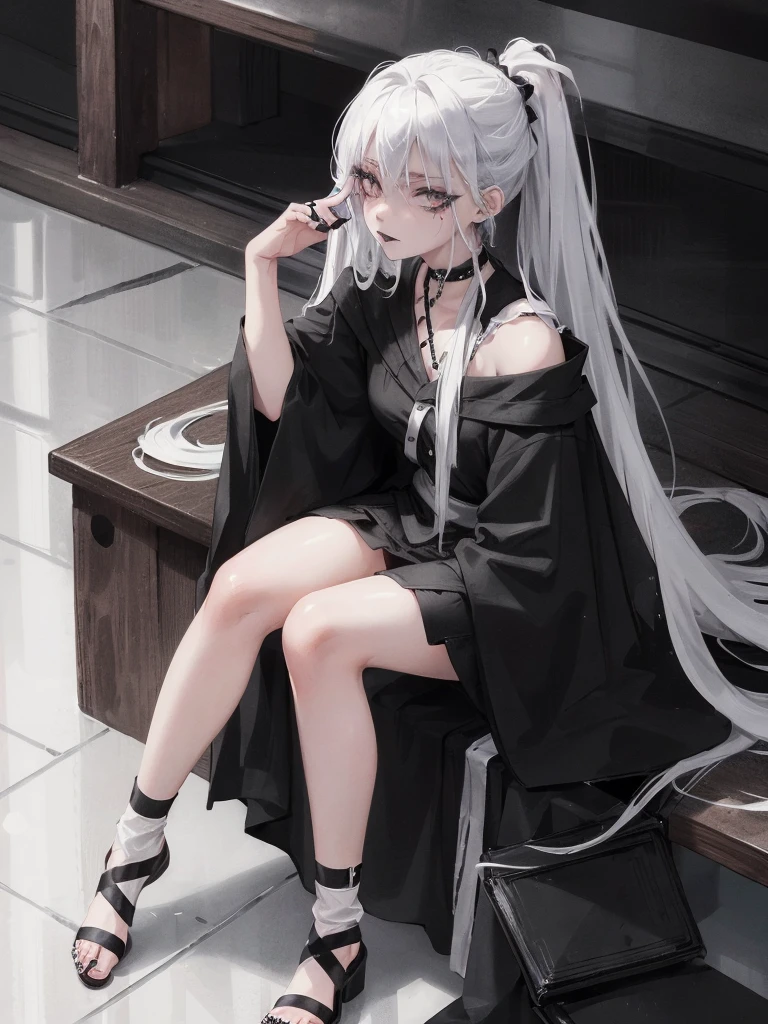 Masterpiece, best quality, high quality, ultra detailed, 1girl, looking at viewer, white hair, gray eyes, black lipstick, black shirt, sitting on a white floor, demon girl, gothcore, 1 7 - year - old, goth girl, japanese gothic, gothic punk style, black metal style, hands on head