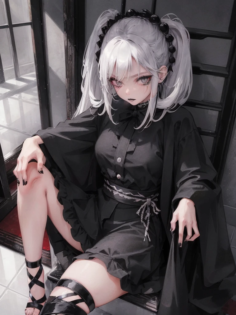 High School Aged Female, Solo, (((Duotone Hair - Black Hair on Right Side, White Hair on Left Side, Beautiful Doe Eyes, Heterochromia – Black Right Eye, Yellow Left Eye, Black Right Eyelashes and Eyebrow, White Left Eyelashes and Eyebrow))), Huge Breast Size, Wide Hips, Thick Creamy Thighs, ((Black and White Outfit – T-Shirt, Fishnet Long Sleeve Undershirt, White Skirt, Black and White Striped Thighhigh Socks, Chain Accessories, Piercings)), Timid Expression, Hands Clasped Near Chest, Standing in Empty Classroom, Beautiful Evening Lighting, (Masterpiece, Perfect Anatomy, Perfect Hands)