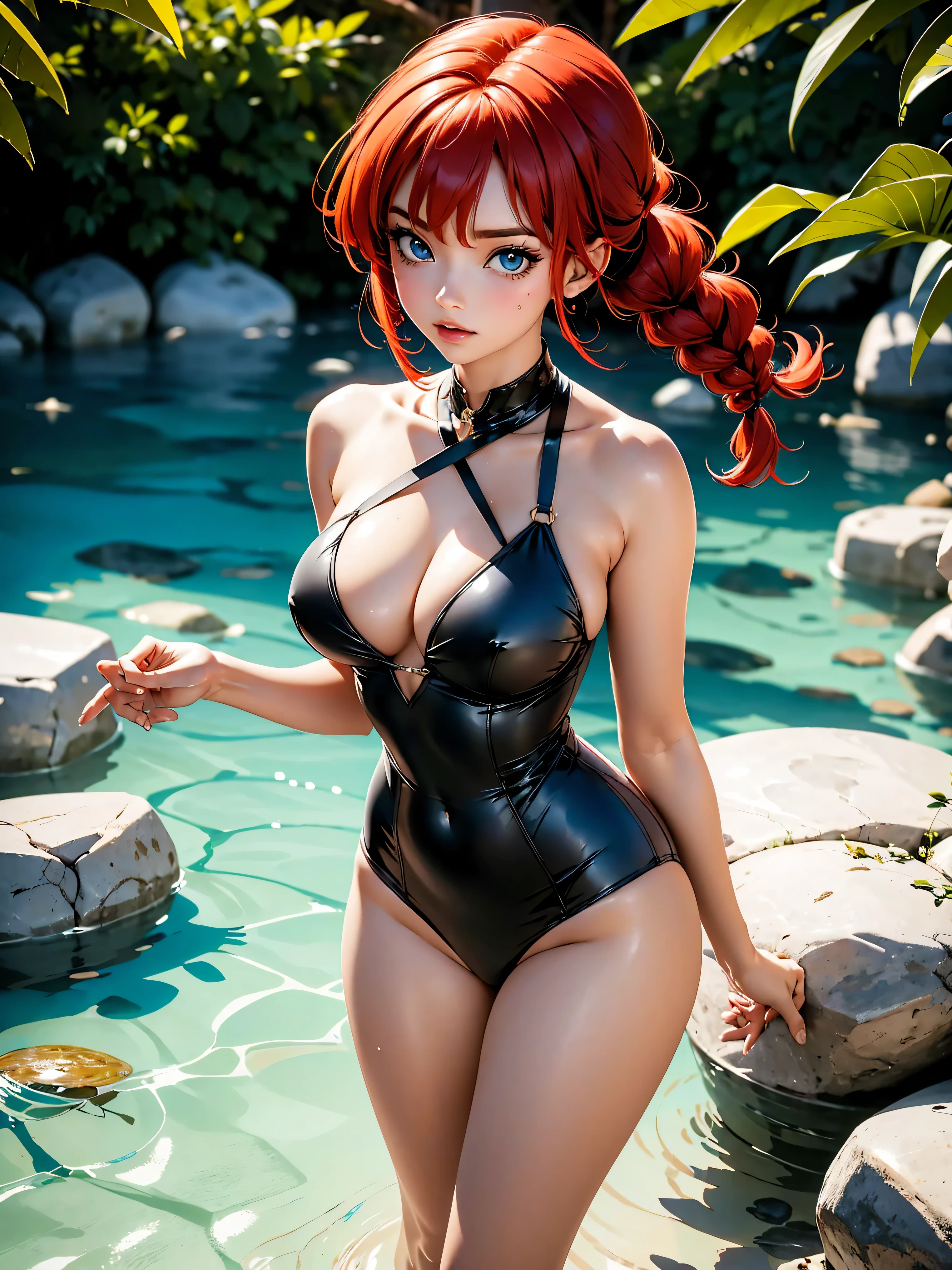 Redhead anime girl in gothic dress and sunglasses, sunglasses, 15 anos, corpo bonito, seios grandes, with hands behind head, running your hands through your hair, Garota sexy, red hair with braid, mechas de cabelo laterais, mechas de cabelo na lateral do rosto, beautiful lighting, sombras suaves, olhos azuis, pernas bonitas, short hair with braid, estilo anime, Ranma Chan, Autora Rumiko Takahashi, Baseado em obra de Rumiko Takahashi, Anime Ranma 1/ 2, decote sexy, quadril robusto, corpo inteiro, corpo inteiro, busto grande, garota jovem com corpo belo e bonito, boots on feet, garota 15 anos jovem baixa estatura, wearing gothic dress and sunglasses, sunglasses, garota anime, estilo anime, feet with black boots, front view angle, ao ar livre, red hair braid, postura ereta, corpo em postura reta, olhos grandes, quimono red