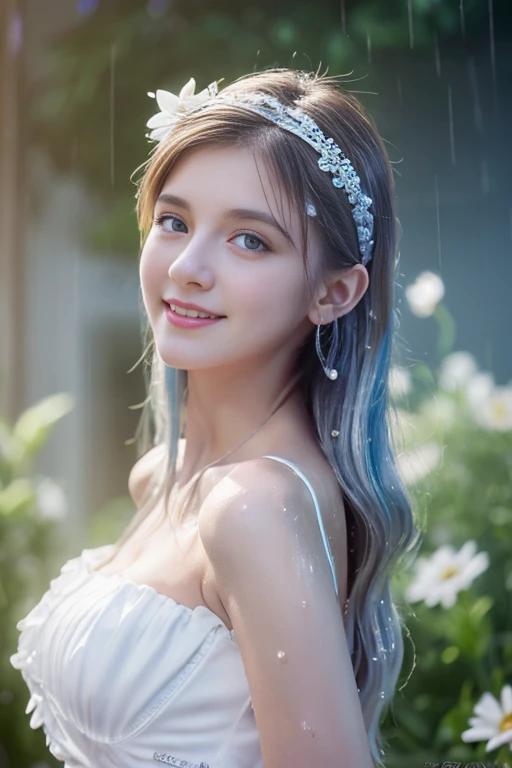 best quality,masterpiece,ultra high res,(photo realistic:1.4),1 girl,medium breasts,big blue eyes,silver hair,white dress with a lot of frill,cute,young,posing,very long hair,flower,headband,looking at viewers,rain, wet, professional lighting, physically-based rendering, 