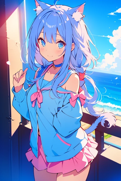 cat girl,beautiful girl,cute,Blue with pink,avatar,individual
