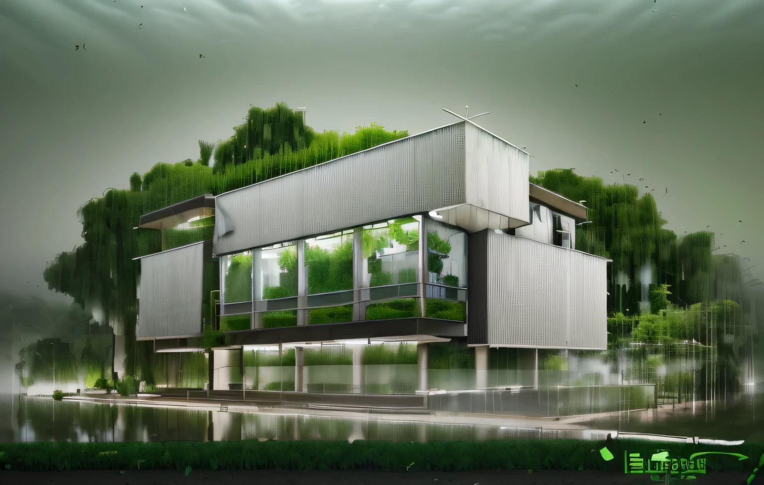 Add vegetations on the walls, green areas, hanging fogging systems, natural source of water, and water systems from the room to the ground, utopic and futisistic building and solar panels on it