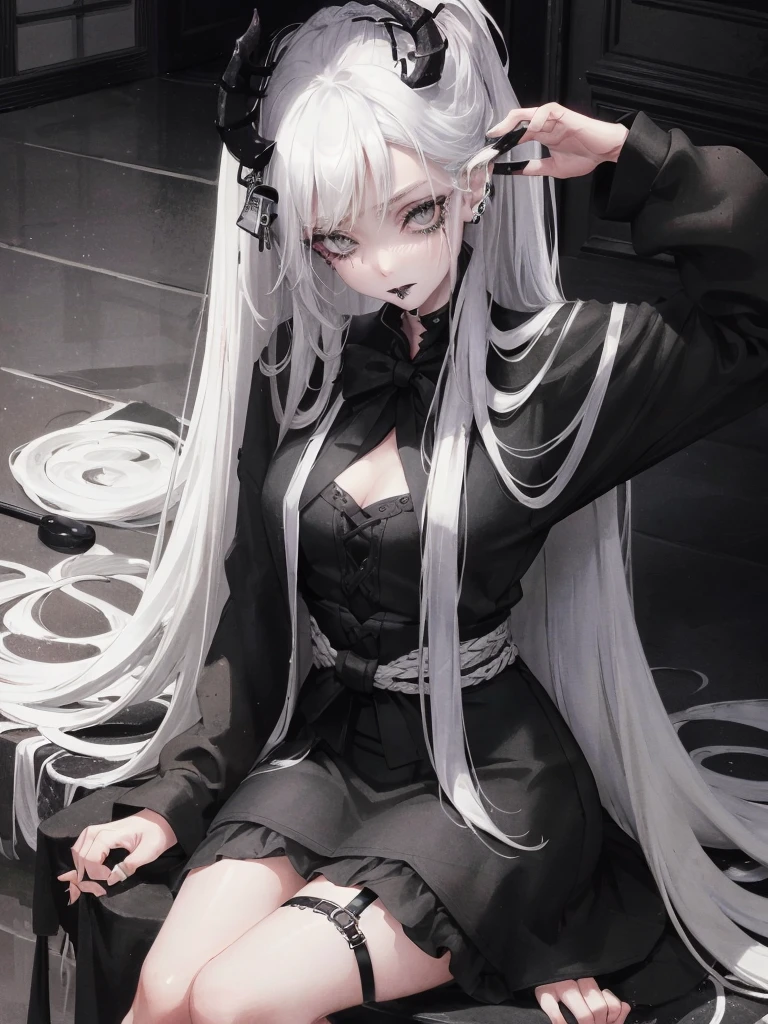 Masterpiece, best quality, high quality, ultra detailed, 1girl, looking at viewer, white hair, gray eyes, black lipstick, black shirt, sitting on a white floor, demon girl, gothcore, 1 7 - year - old, goth girl, japanese gothic, gothic punk style, black metal style, hands on head