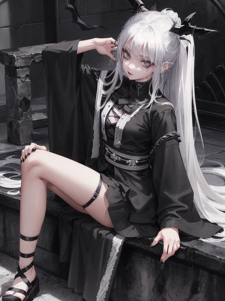 Masterpiece, best quality, high quality, ultra detailed, 1girl, looking at viewer, white hair, gray eyes, black lipstick, black shirt, sitting on a white floor, demon girl, gothcore, 1 7 - year - old, goth girl, japanese gothic, gothic punk style, black metal style, hands on head