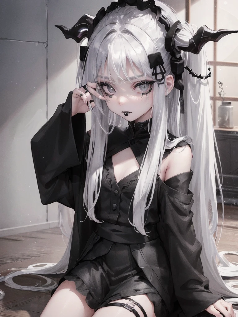 Masterpiece, best quality, high quality, ultra detailed, 1girl, looking at viewer, white hair, gray eyes, black lipstick, black shirt, sitting on a white floor, demon girl, gothcore, 1 7 - year - old, goth girl, japanese gothic, gothic punk style, black metal style, hands on head