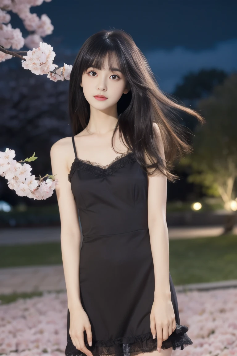 (((masterpiece, highest quality, Super detailed))), 1 female, (((very thin body))) , (((length, thin legs))), (((black hair, thick and fluffy bangs ))), (((highly detailed face))), cosmetics free, small and thin nose, small thin mouth, (((Very sharp focused eyes))),  Japanese,  beautiful face, (lifelike face),  beautiful hairstyle, realistic eyes, fine and beautiful eyes, (real looking skin), beautiful skin, charm, ultra high resolution, surreal, high detail, golden ratio, (detail makeup:1.2), Simple Camisole Dresses,full body shot,shot from below,(((night background))),weeping cherry blossoms
