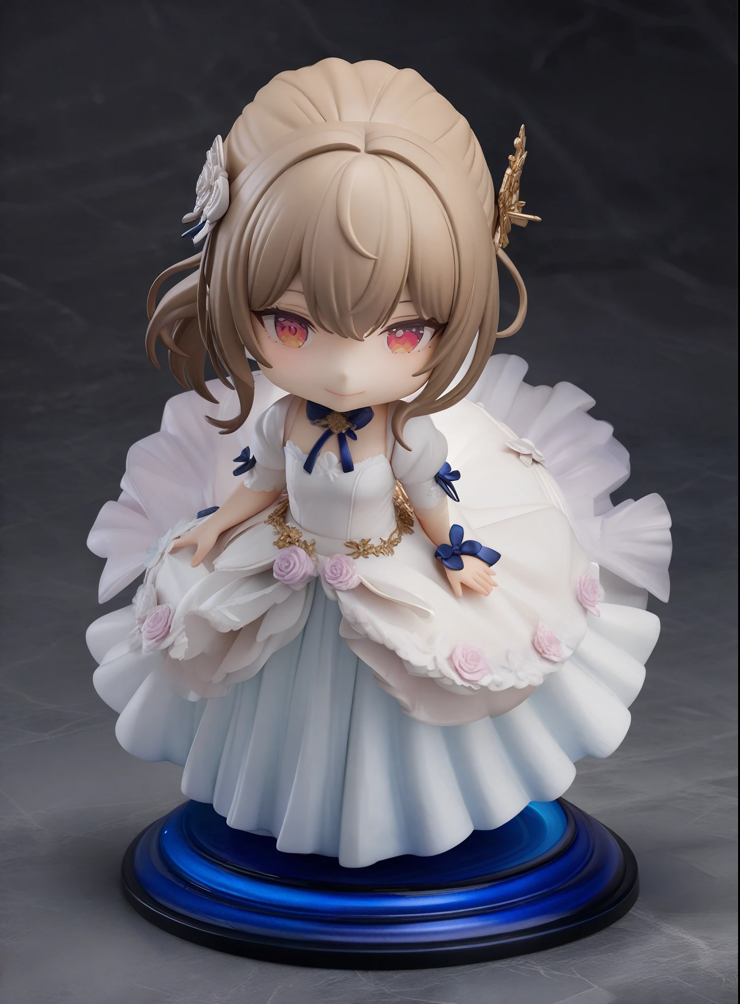 (Cute Japanese female chibi figure)、(chibi:1.6)、(bangs)、ponytail、((Wedding dress))、(smile)、(High resolutionCG 8k壁紙)、(very delicate and beautiful)、(masterpiece) 、(highest quality:1.0)、(超High resolution:1.2)、beautiful lighting、realistic shadow、(High resolution)、skin detail、super detail、(colorful)、High realism、photo quality