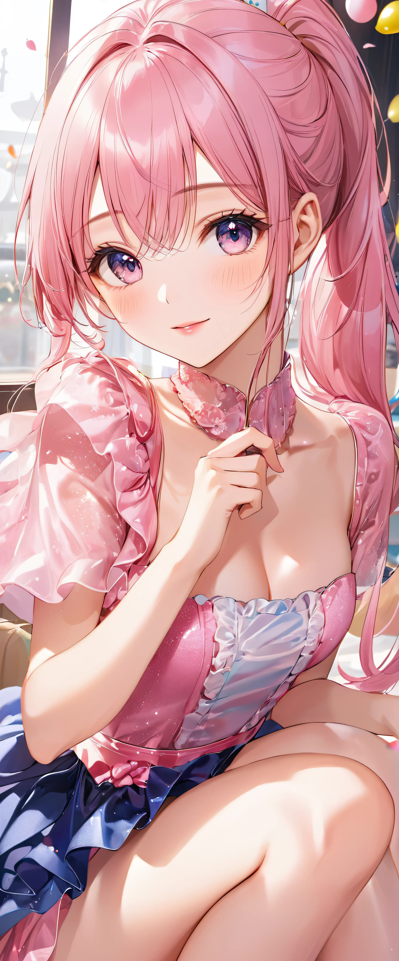 (masterpiece,highest quality,超A high resolution),japanese woman, (((Very beautiful 25 year old girl))), pretty girl、look at the photographer、 ((beautiful low ponytail)), super cute face, glossy lips, double eyelids in both eyes,natural smile、 natural makeup, long eyelashes, Shiny and smooth hair、center image, perfect limbs, perfect anatomy,(((party dress))、party venue,