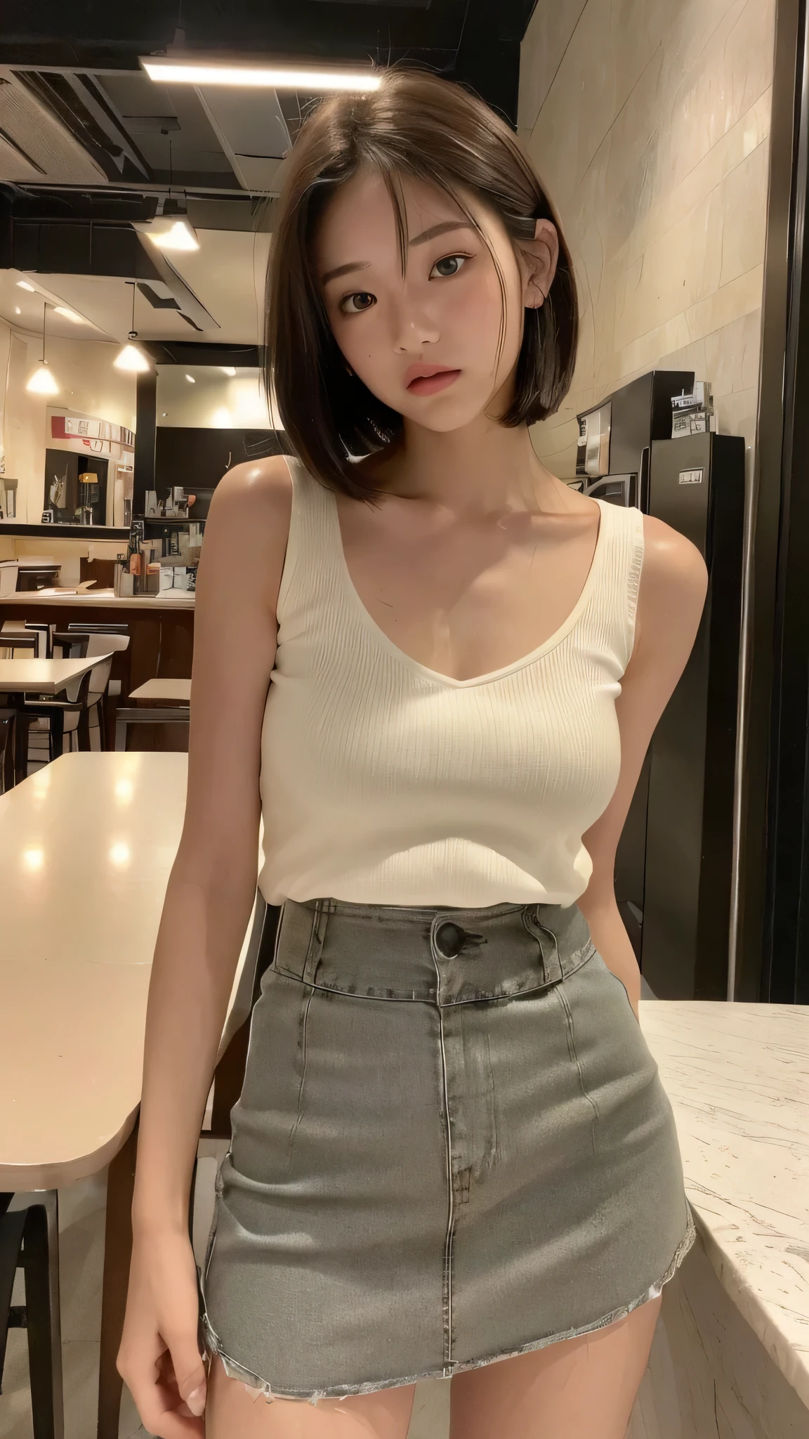 (Ultra - High resolution:1.5)(super detailed:1.3) (super high quality) (Super high quality:1.5) (realistic pictures:1.3) japanese woman　21 years old　((Fine and beautiful face:1.3)) ((realistic skin texture:1.3)) ((Precise, high-quality eyes:1.3)) ((Detailed and high-quality ears)) ((beautiful, My skin is very fair and transparent.:1.3)) ((beautifully groomed straight short bob hair))Complete body　beautiful proportions　(Lightweight sleeveless shirt)　Long gathered skirt　The background is the inside of a cafe at dusk..　beautiful, Luxurious and stylish interior　((stare at the viewer erotically:1.3)) wet half-open lips　 huge tit　Very beautiful HD picture quality