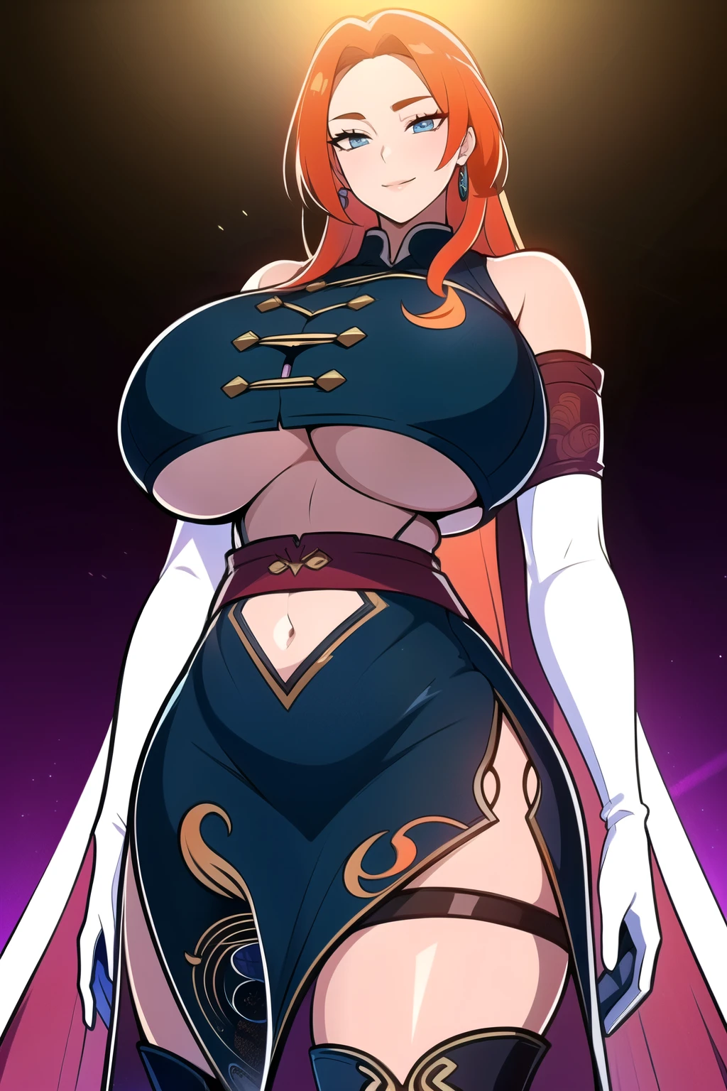 ultra realistic 8k cg, masterpiece, (( intricate detail, highly detailed, fine details best quality, hyperdetailed face)), gigantic breasts ,beautiful lighting, absurdres, BoaHancockV2, 1girl, solo, (orange hair :1.4), long hair, jewelry, closed mouth, ), (chinese dress, (underboob : 1.4), elbow gloves, thigh boots, split skirt, bare shoulders, curvy, midriff, curvy, thighs, shiny clothes), blue eyes, (complex detailed background, inside, luxury palace), ((cowboy shot)), curvy, (gigantic breasts: 1.1), seductive smile, cowboy shot,