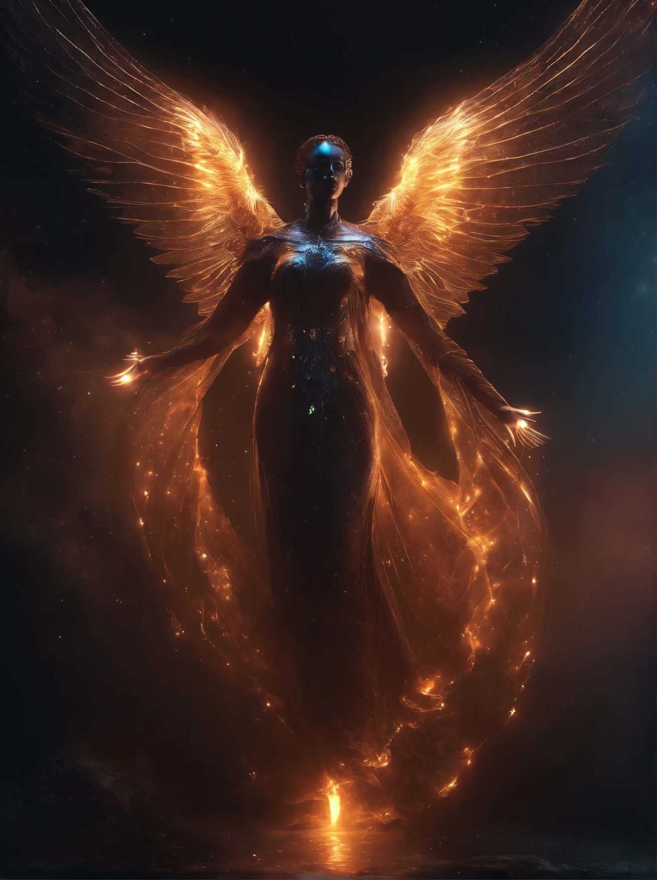 Cosmic Fallen Angel, glowing light eyes, Biomechanical, eerie, Creepy, nightmarish, Very bright colors, Light particles, with light glowing, Mshiv, wallpaper art, UHD wallpaper