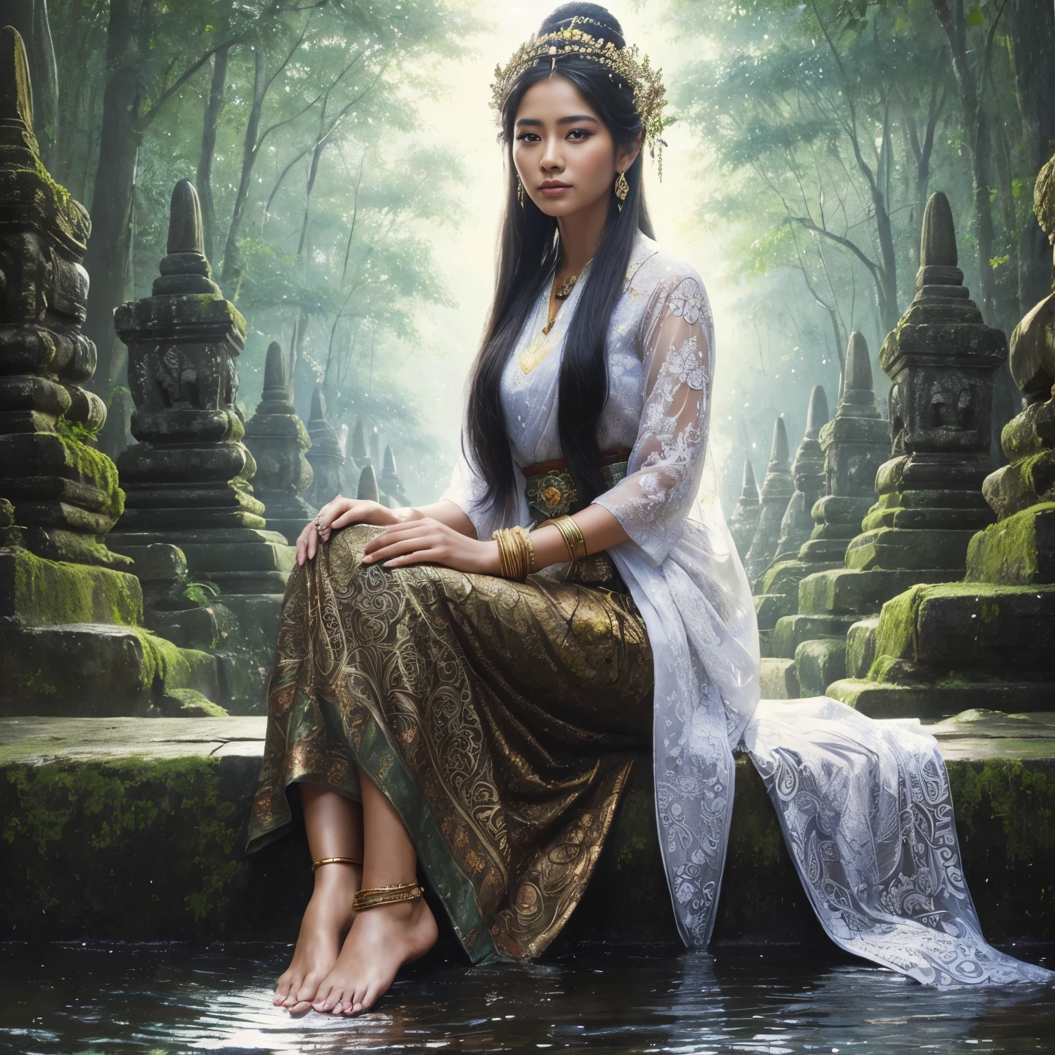 painting of a woman sitting on a stone ledge in a forest, thailand art, beautiful maiden, a stunning portrait of a goddess, beautiful goddess, traditional beauty, tithi luadthong, beautiful oriental woman, portrait of a beautiful goddess, beautiful character painting, beautiful depiction, a beautiful fantasy empress, goddess of love and peace, beautiful digital artwork, beautiful fantasy maiden