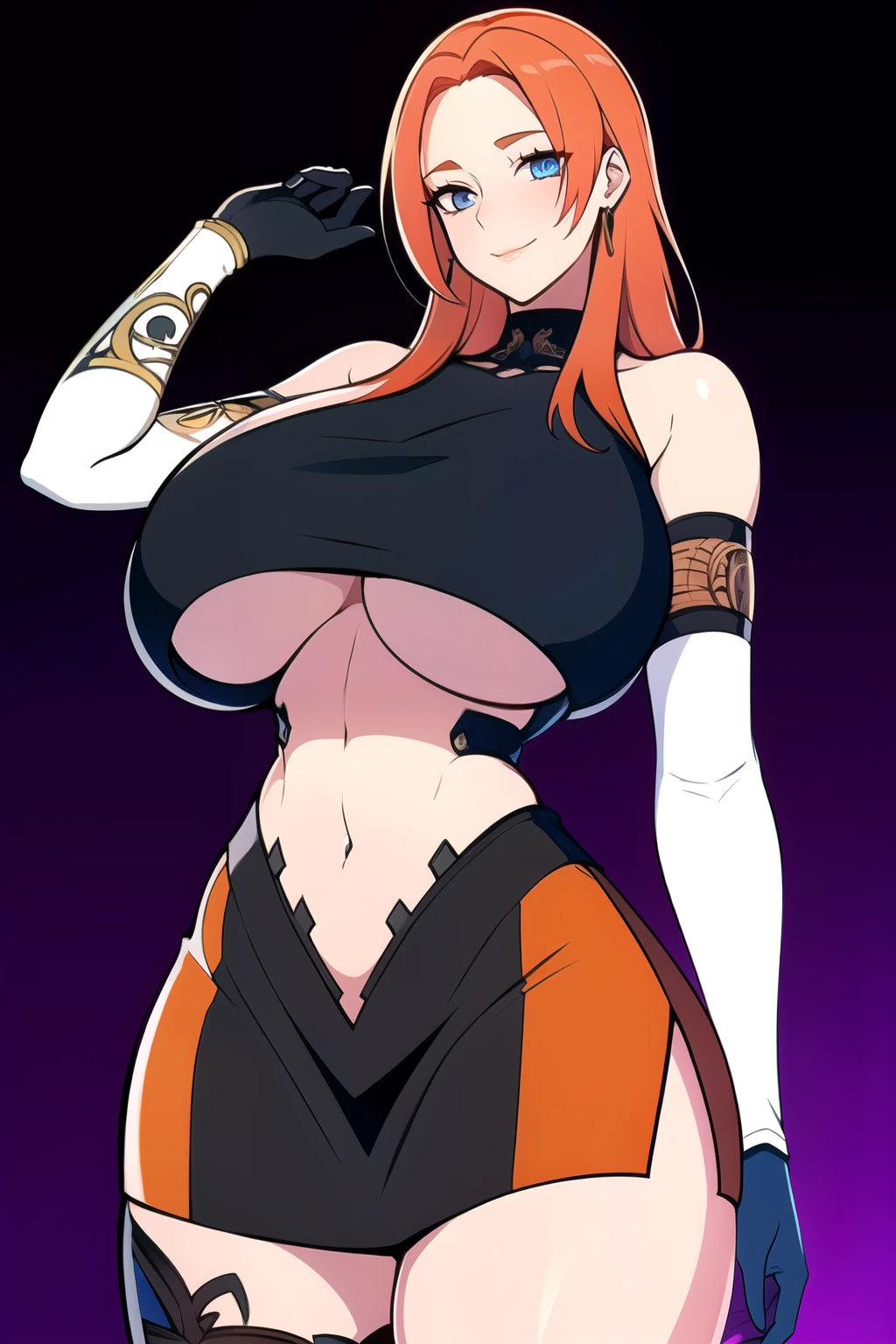 ultra realistic 8k cg, masterpiece, ((ultra detailed background, intricate detail, highly detailed, fine details best quality, hyperdetailed face)), gigantic breasts ,beautiful lighting, absurdres, BoaHancockV2, 1girl, solo, (orange hair :1.4), long hair, jewelry, closed mouth, ), ((black crop top : 1.1), (underboob : 1.4), elbow gloves, thigh boots, split skirt, bare shoulders, curvy, midriff, curvy, thighs, shiny clothes), blue eyes, complex detailed background, inside, luxury palace), ((cowboy shot)), curvy, (gigantic breasts: 1.1), seductive smile, cowboy shot,