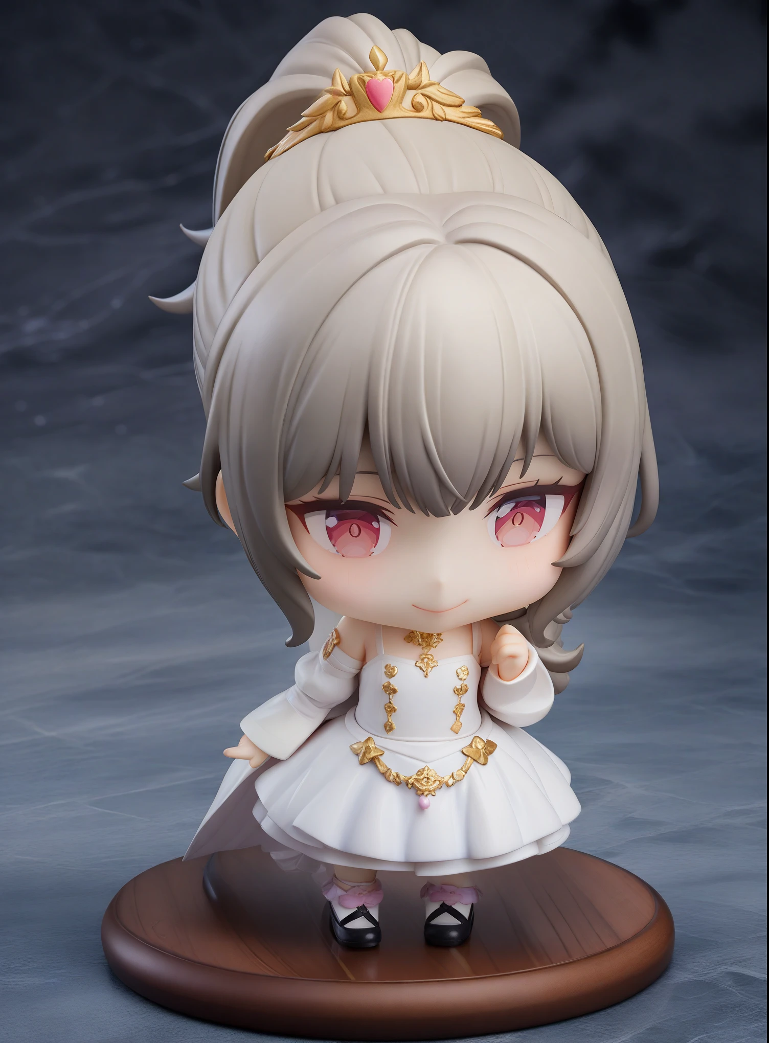 (Cute Japanese female chibi figure)、(chibi:1.6)、(bangs)、ponytail、((Wedding dress))、(smile)、(High resolutionCG 8k壁紙)、(very delicate and beautiful)、(masterpiece) 、(highest quality:1.0)、(超High resolution:1.2)、beautiful lighting、realistic shadow、(High resolution)、skin detail、super detail、(colorful)、High realism、photo quality