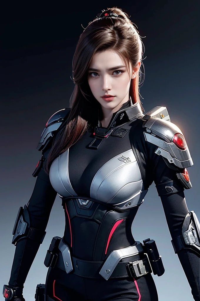 tmasterpiece，Best quality，A high resolution，8K，(sportrait)，((Head close-up))，(Original photo)，real photograph，digital photography，(A female officer who combines modern style with cyberpunk:1.2)，(Female officers)，20 year old girl，Random hairstyles，Red eyelack and red gradient hair)，Serious and obsessed，Cleavage， accessories，Redlip，Keep your mouth shut，scowling，elegant and charming，Serious and arrogant，Calm and handsome，(A modern and cyberpunk uniform)，Combat uniformadges，Shoulder armor，exposing your navel，glowing electronic components，red halo，Photo pose，Realisticstyle，Light magic，gray world background，oc render reflection texture