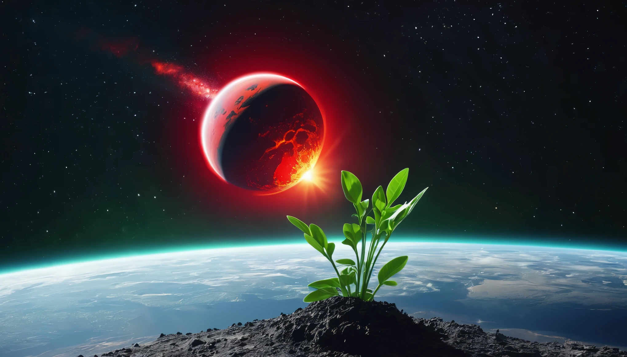 Fiery red flying comet to the planet. Round Planet, there is a small green plant growing on it. high quality, masterpiece