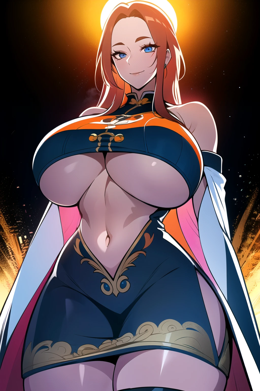 ultra realistic 8k cg, masterpiece, (( intricate detail, highly detailed, fine details best quality, hyperdetailed face)), gigantic breasts ,beautiful lighting, absurdres, BoaHancockV2, 1girl, solo, (orange hair :1.4), long hair, jewelry, closed mouth, ), (chinese dress, (underboob : 1.4), elbow gloves, thigh boots, split skirt, bare shoulders, curvy, midriff, curvy, thighs, shiny clothes), blue eyes, (complex detailed background, inside, luxury palace), ((cowboy shot)), curvy, (gigantic breasts: 1.1), seductive smile, cowboy shot,