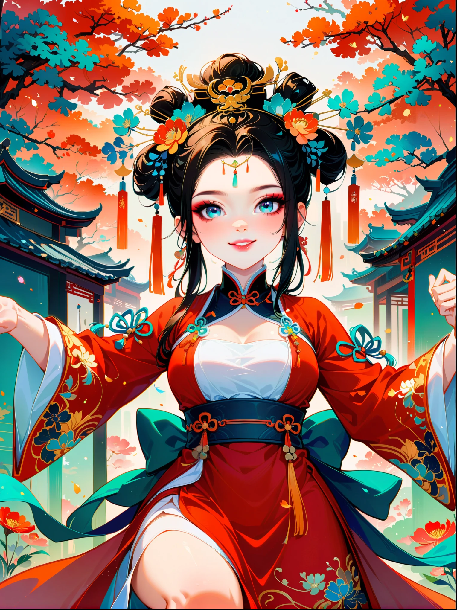 ((close shot)),Works of Chinese style ink masters,Princess of China,Yang Guifei,Tang Dynasty Hanfu,Skirt,Chinese garden,dance,Smile,Brilliant colors,Star-sparkled,gorgeous,Huafu,The ribbon flutters,Exquisite makeup,(first-person view, masterpiece, ccurate, anatomically correct, high details, best quality, 8k)