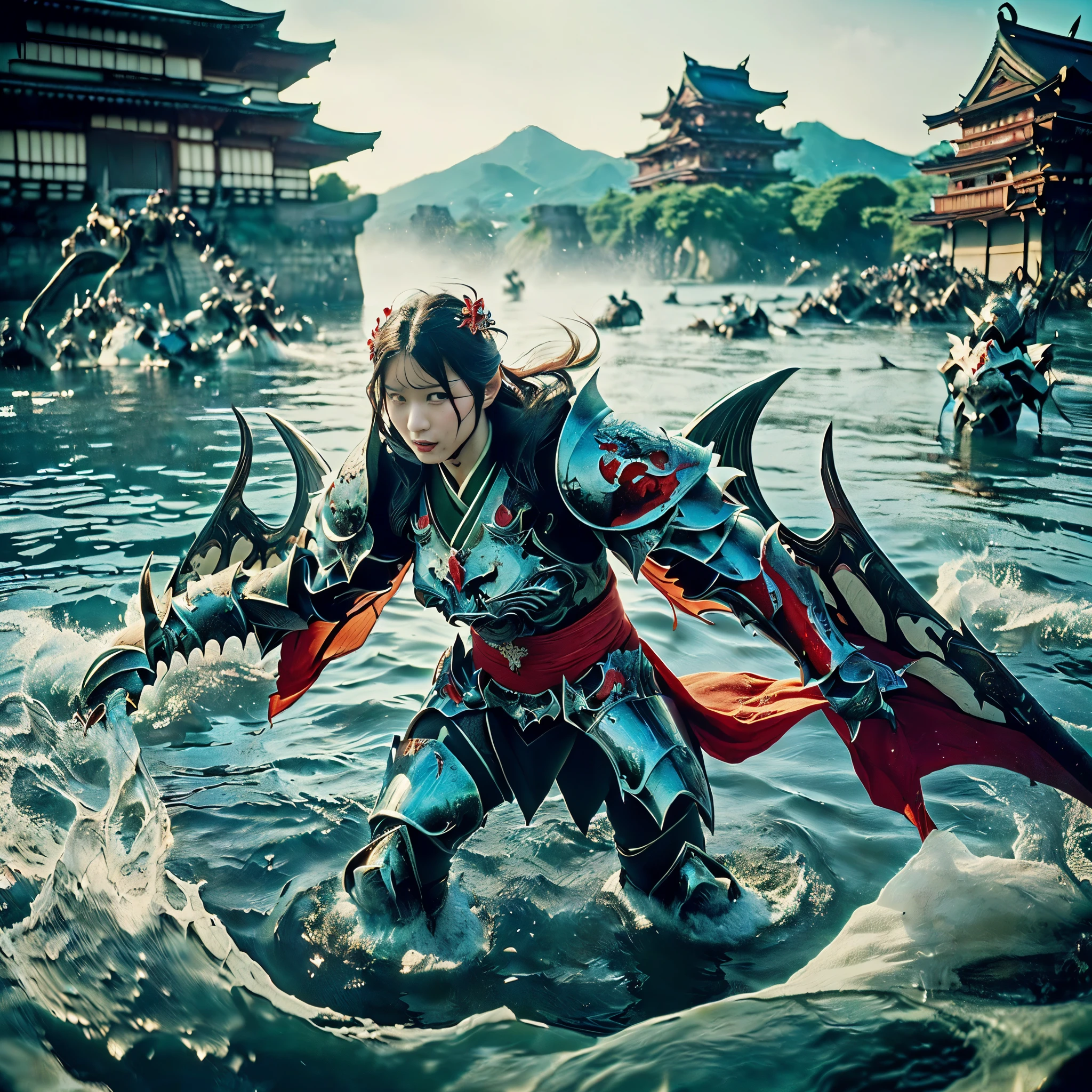 (((Realistic, masterpiece, best quality, crisp detail, high definition, high detail, very rich detail, sharp focus, sharp detail, colorful, rich color, perfect studio lightning))), ((20 years old, beautiful goddes of water, floating, aqua color hair)),(((in the middle of war, epic war scene, attack stance))), wearing (((beautiful decorated aquatic heavy armor, water dragon armor, decorated full body armor, fully armored beautiful kimono, wide water diabolos wings))), (holding giant blade), (((blood everywhere, death everywhere, japan bakumatsu period, dead bodies,carcass, drowned japanese castle, catastrophic tsunami, flood, three headed water dragon)) traditional village background), heavy rain,