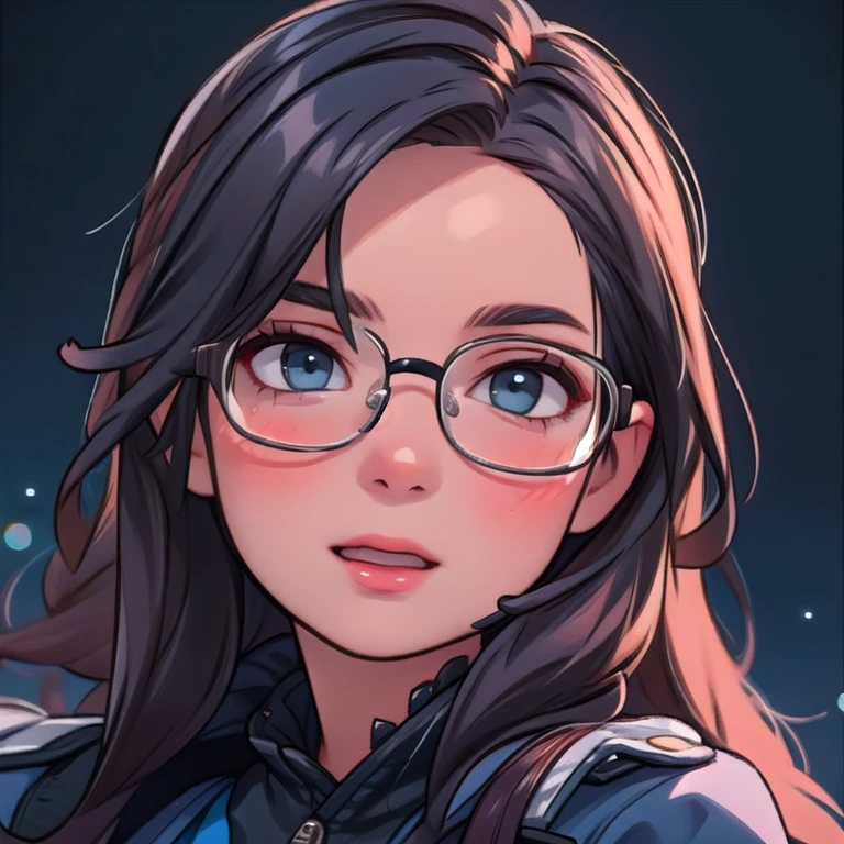 (best quality, masterwork:1.2), ultra-detailed, realistic:1.37, young woman with glasses, stunning long hair, wearing a dark blue coat, beautiful detailed face, confident expression, close-up view, simple background, vivid colors, bokeh, facing viewer,