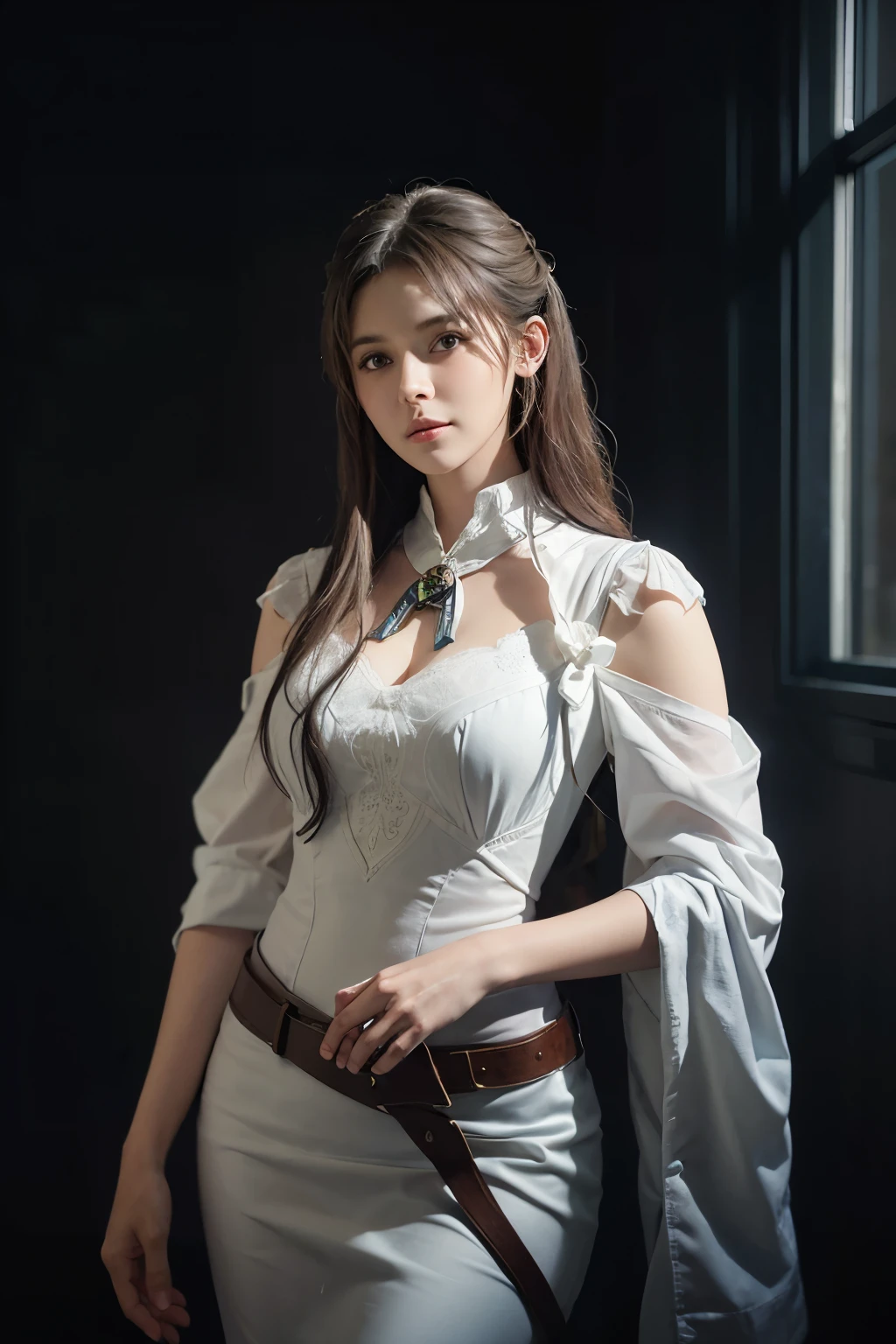 Hyperrealist portrait of female by david hockney and alphonse mucha,fantasy art, photo realistic, dynamic lighting, artstation, poster, volumetric lighting, very detailed faces, 4 k, award winning,, 1girl, in the dark, deep shadow, low key,cowboy shot,(official clothing:1.4) ,long hair,white hair,