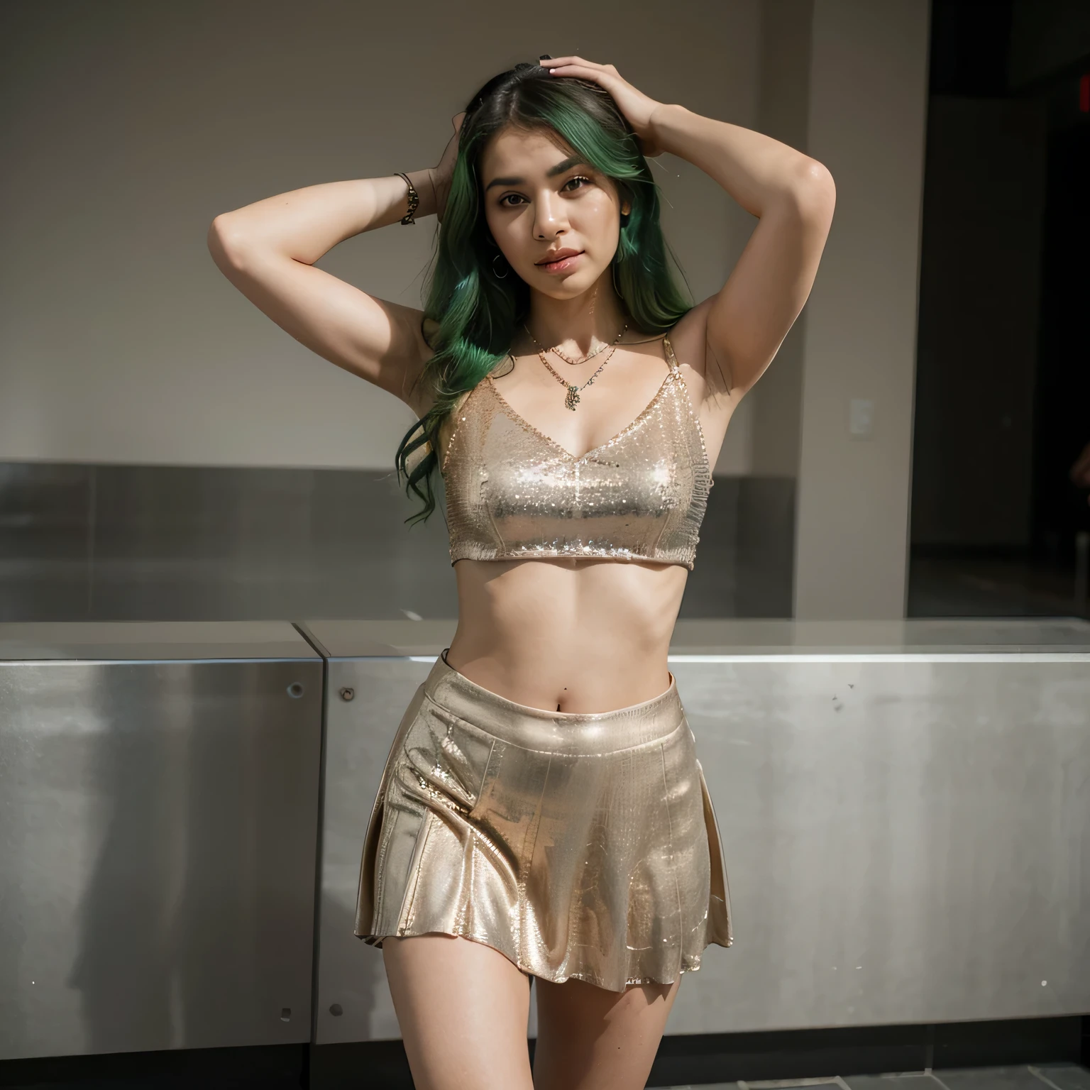 1girls, Nur, green Hair , 24 years old , She is wearing a sequined crop top with a pleated metallic skirt. She accessorized with a bold statement necklace and opted for strappy heels with sparkly details. She strikes stunning poses, exuding confidence and glamour.