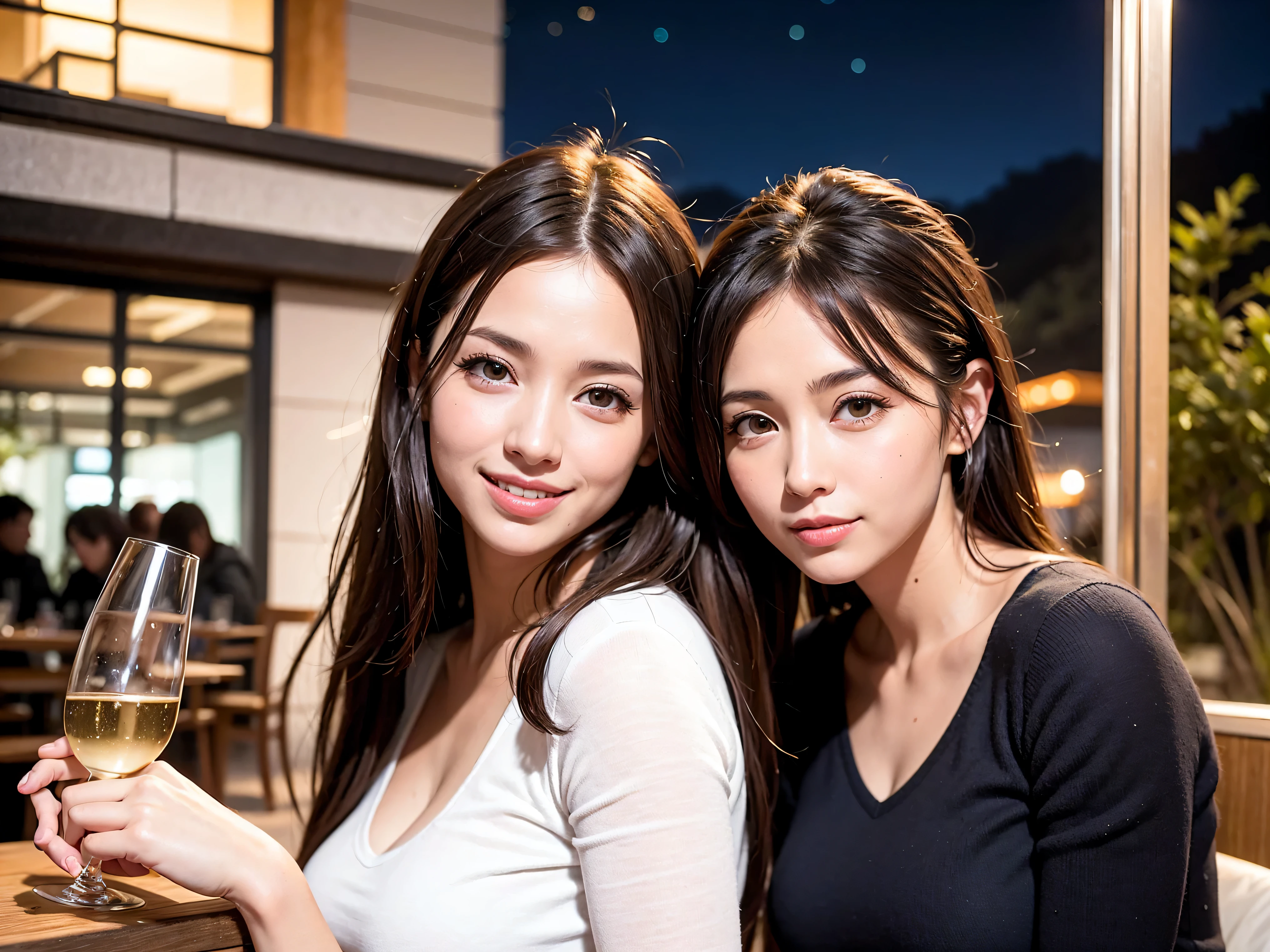 K, Hmm, highest quality, masterpiece: 1.2), (realistic, photorealistic: 1.37), Spectacular view of the sunset sky and clouds、Amazing mountain views、A bright smile、3 slim beauties, (slim face),Happy、 the best smile、Fox face、Berry Short、(because I&#39;thin), (brown hair), (shortcut), long sleeve shirt、winter fashion、Japanese、Dutch、German、Portuguese、Belgian、Italian、French,Champagne、sparkling wine、 (Squirting), (slim body), (brown hair), (shortcut), neat beauty、cheeks turn a little red, (42 years old), 38 years old, alone, A beautiful and detailed night view spreads out outside the window........., restaurant, wine glass is sitting, At night, in a prominent place (from the Upper body) nova frog style, actress, model, Upper body, White wine, slim, wine glass, Very beautiful night view, wine glass Put in the Middle, Happy smile, (smile: 1.15), 