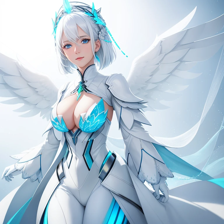 A young woman with white hair, a sweet and angelic face, one blue eye and the other green, wears a complete white suit with black accents behind her. Her back is adorned with wings that emerge, gleaming white in the light.

Intricate details, Realistic CGI, Octane render, Side light, Cinematic, Medium shot, ISO 400, 8k.